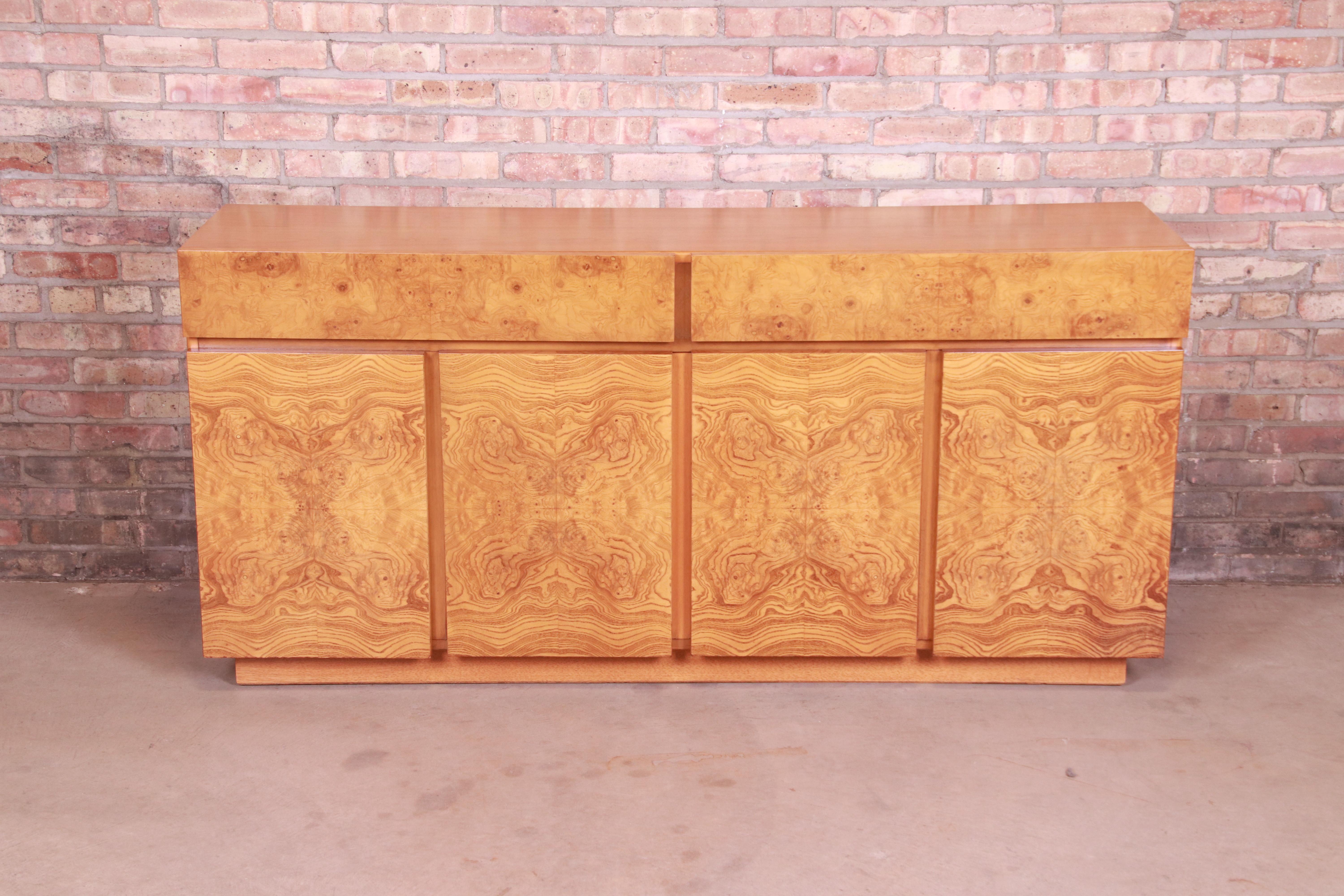American Milo Baughman Style Burl Wood Sideboard Credenza by Lane, Newly Refinished
