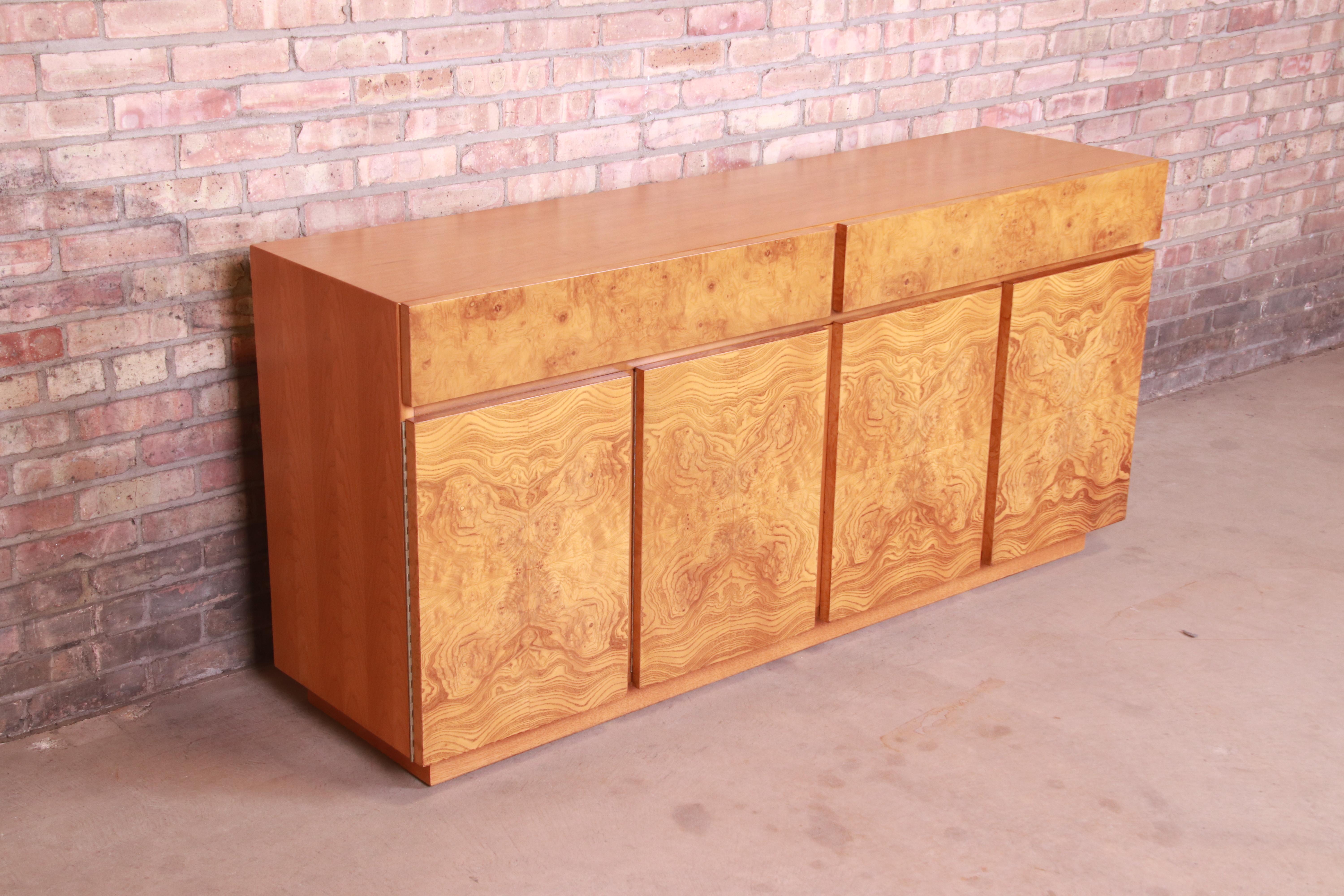 Milo Baughman Style Burl Wood Sideboard Credenza by Lane, Newly Refinished In Good Condition In South Bend, IN
