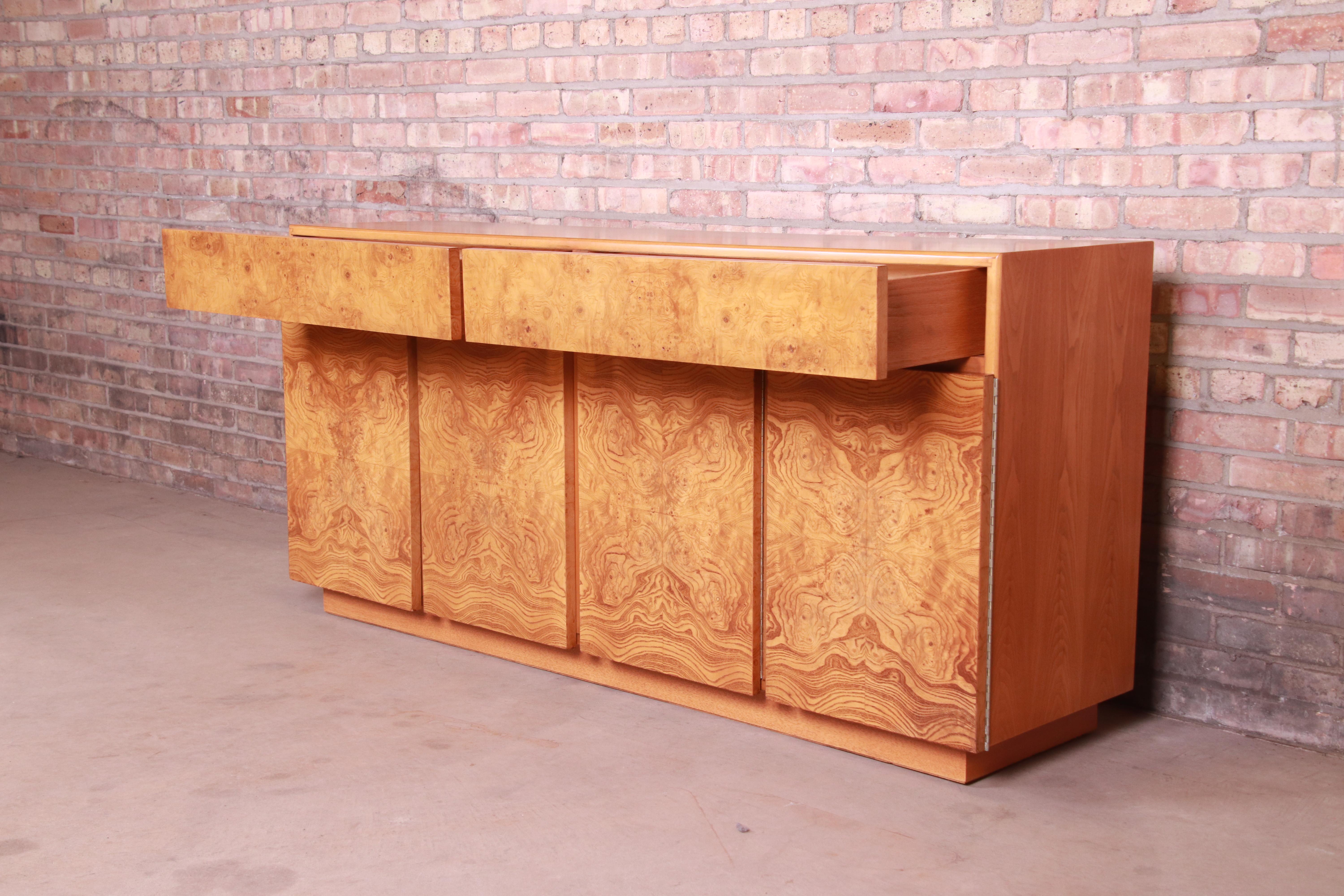 Ash Milo Baughman Style Burl Wood Sideboard Credenza by Lane, Newly Refinished