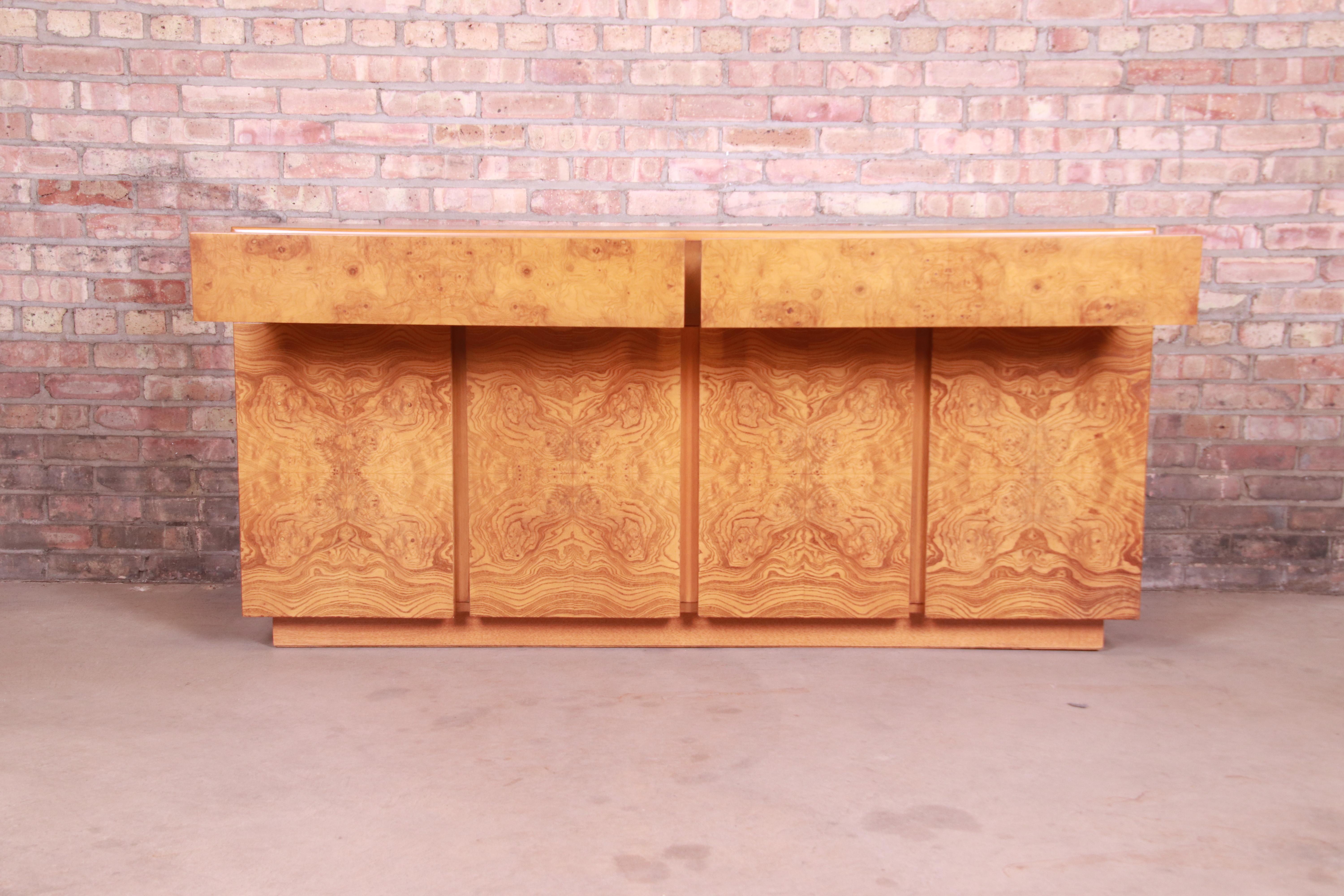 Milo Baughman Style Burl Wood Sideboard Credenza by Lane, Newly Refinished 1
