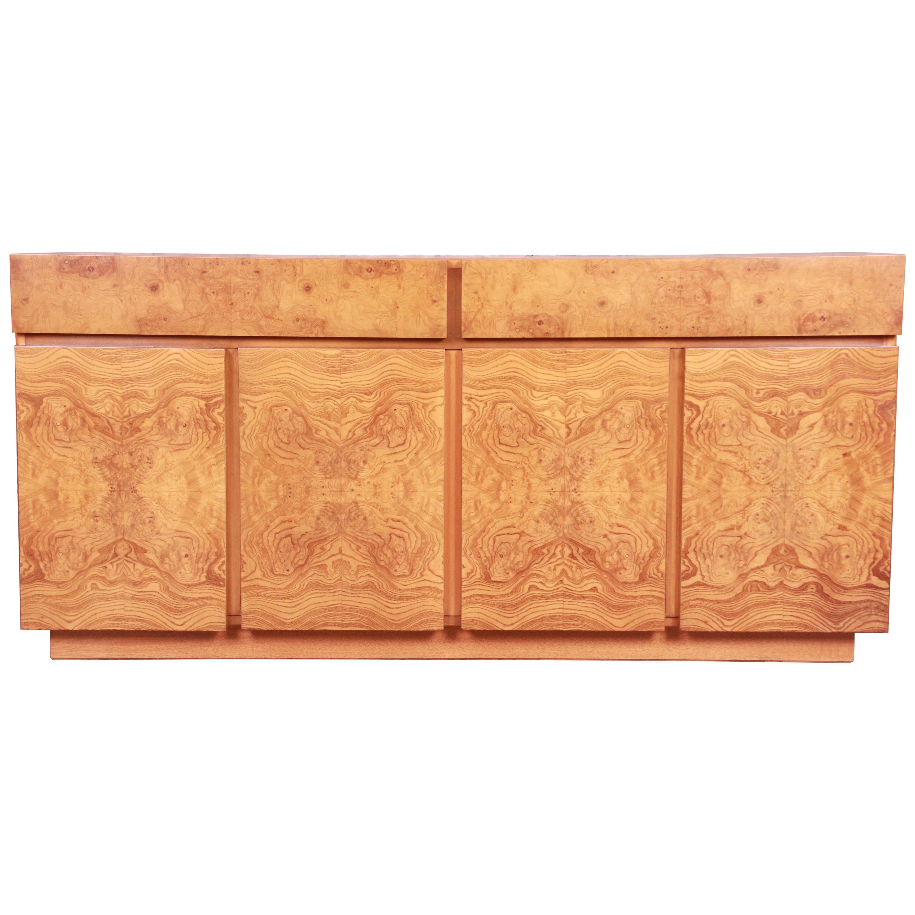 Milo Baughman Style Burl Wood Sideboard Credenza by Lane, Newly Refinished