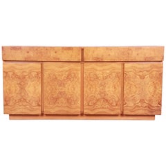 Milo Baughman Style Burl Wood Sideboard Credenza by Lane, Newly Refinished