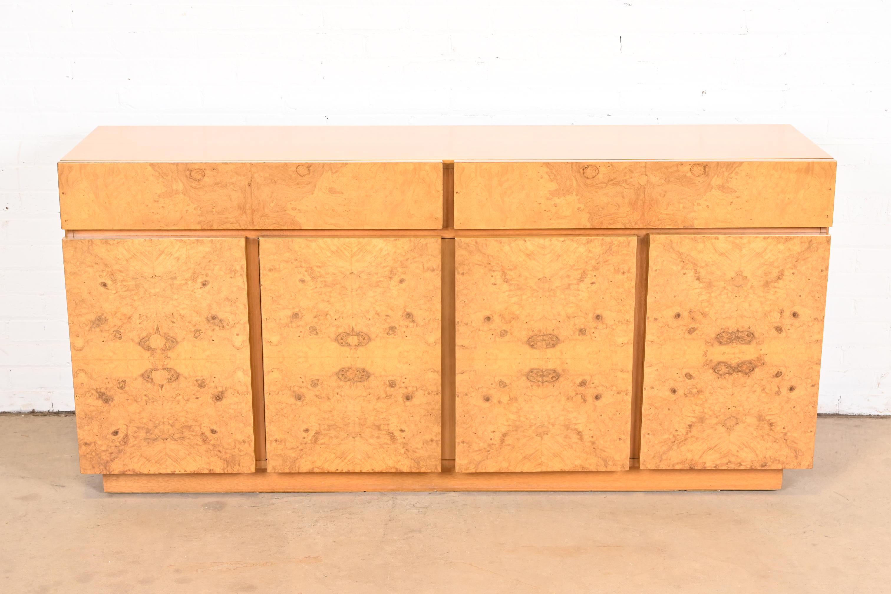Mid-Century Modern Milo Baughman Style Burl Wood Sideboard, Credenza, or Bar Cabinet, Refinished For Sale