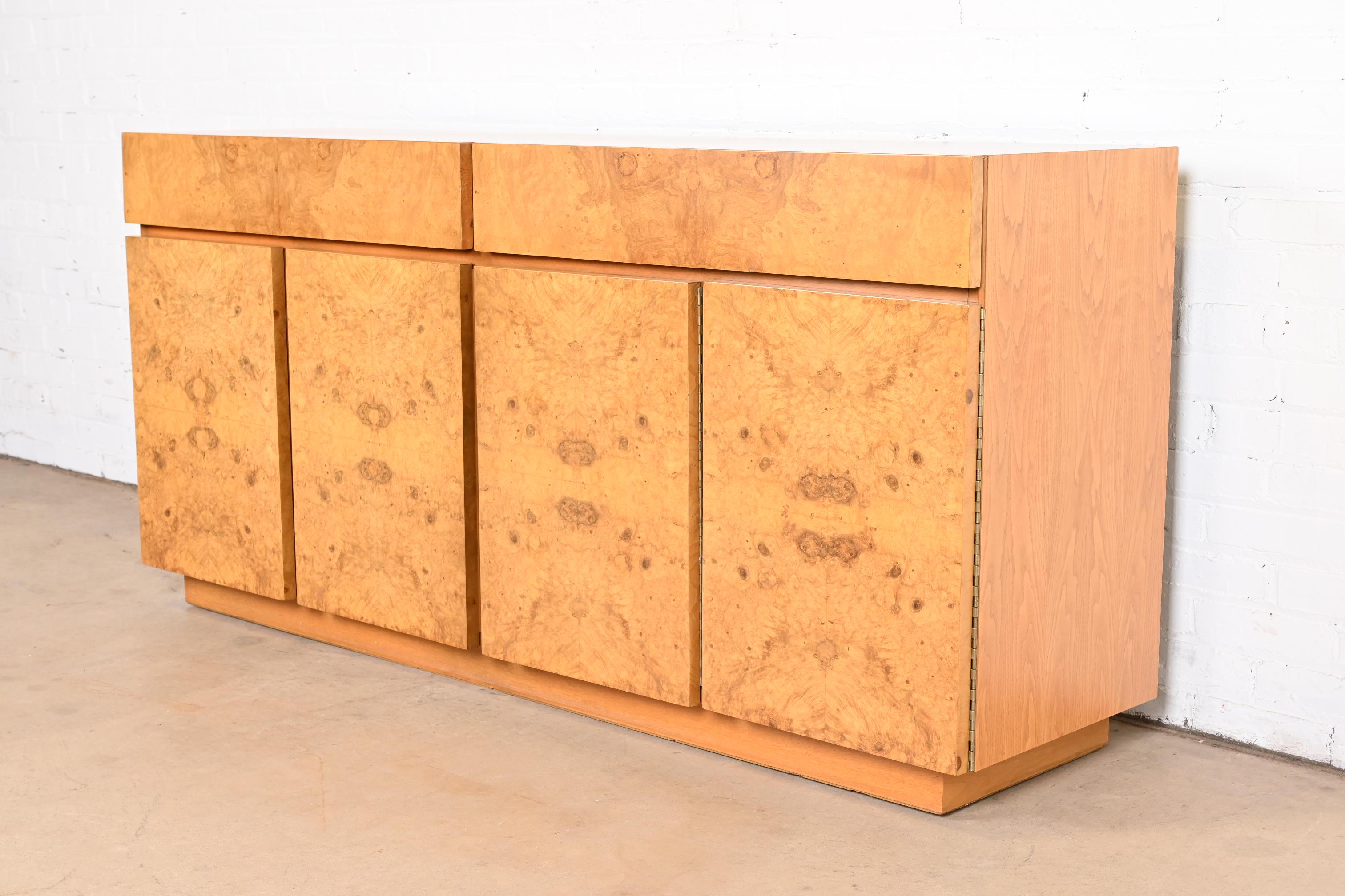 American Milo Baughman Style Burl Wood Sideboard, Credenza, or Bar Cabinet, Refinished For Sale