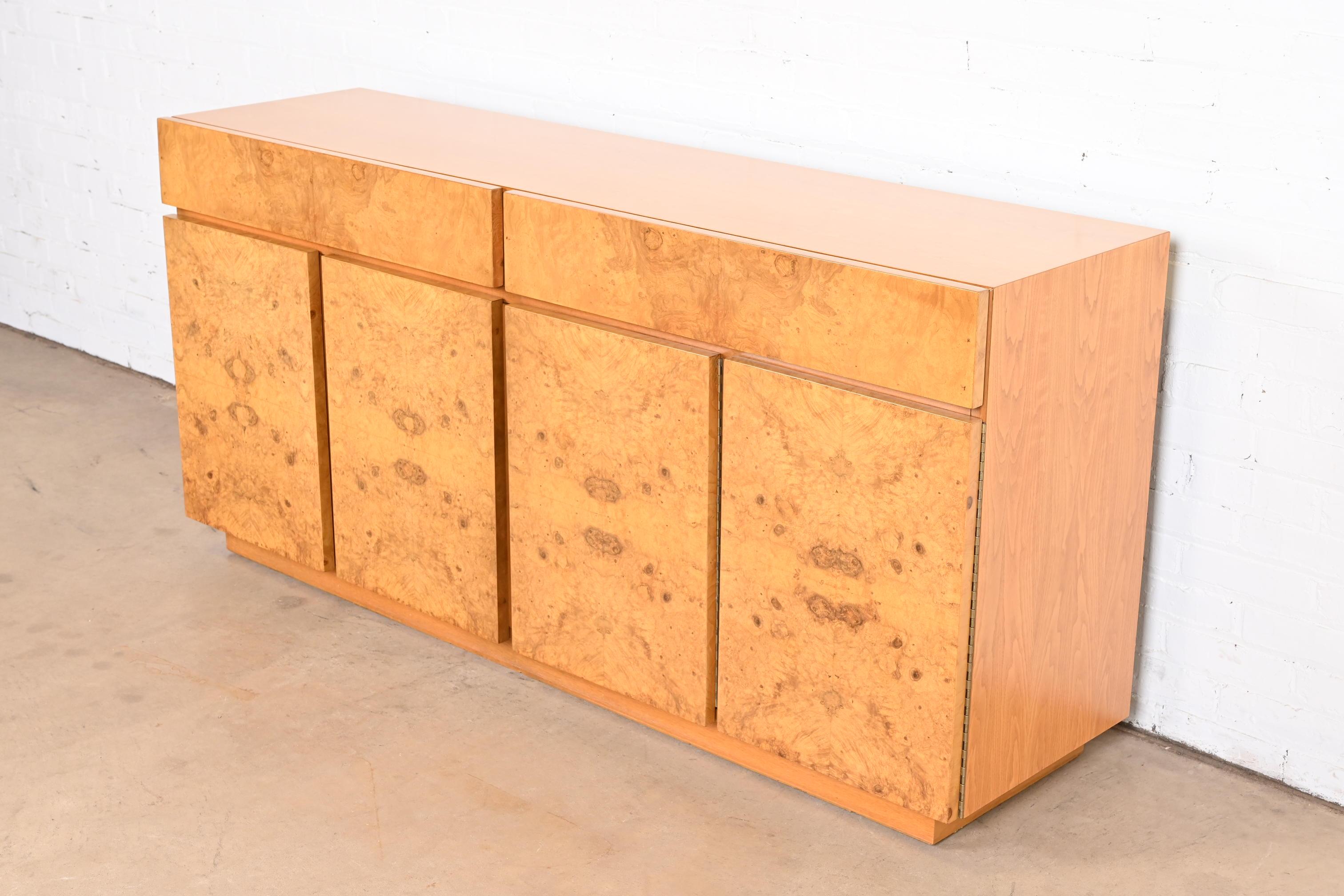 Milo Baughman Style Burl Wood Sideboard, Credenza, or Bar Cabinet, Refinished In Good Condition For Sale In South Bend, IN