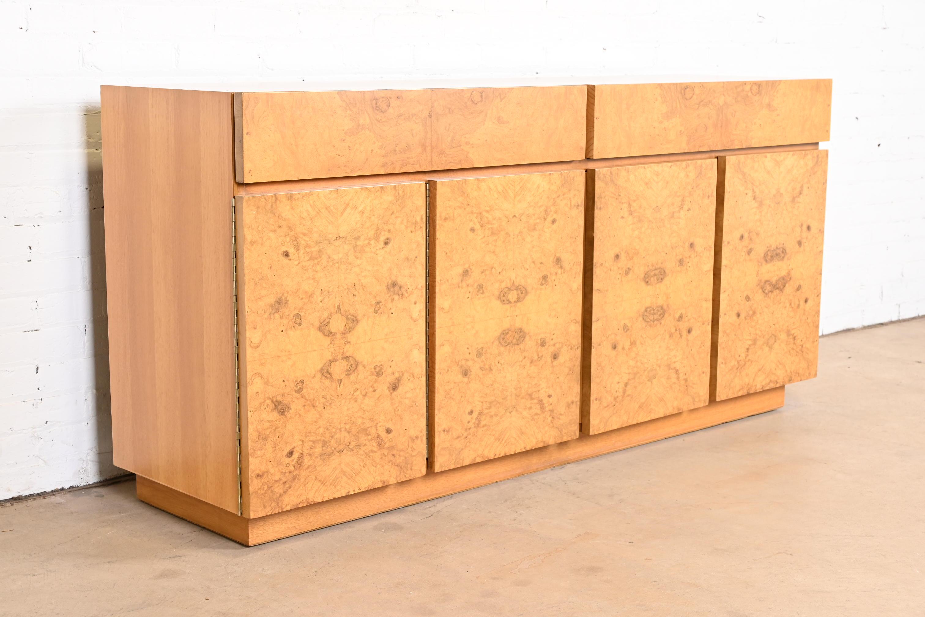 Late 20th Century Milo Baughman Style Burl Wood Sideboard, Credenza, or Bar Cabinet, Refinished For Sale