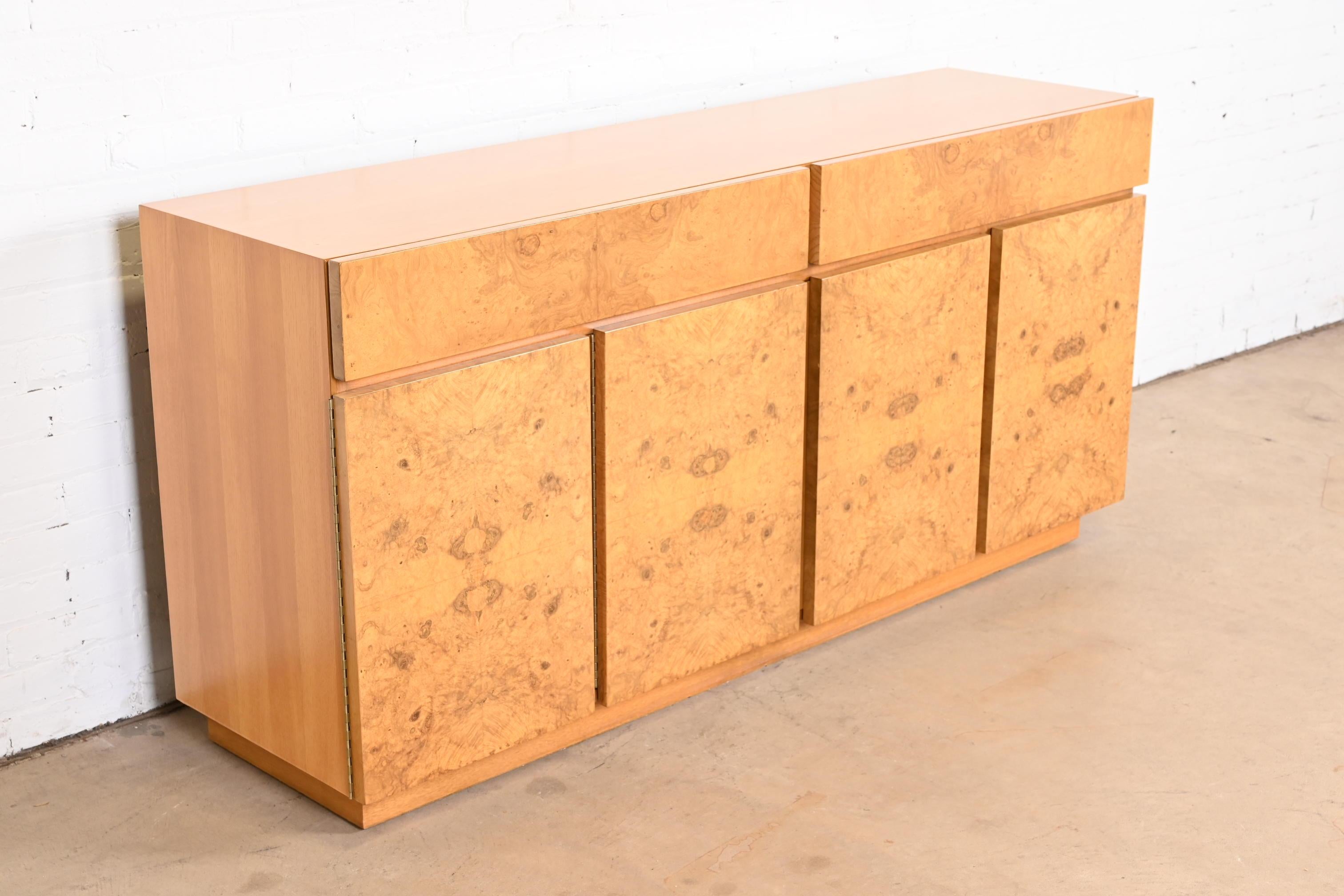 Ash Milo Baughman Style Burl Wood Sideboard, Credenza, or Bar Cabinet, Refinished For Sale