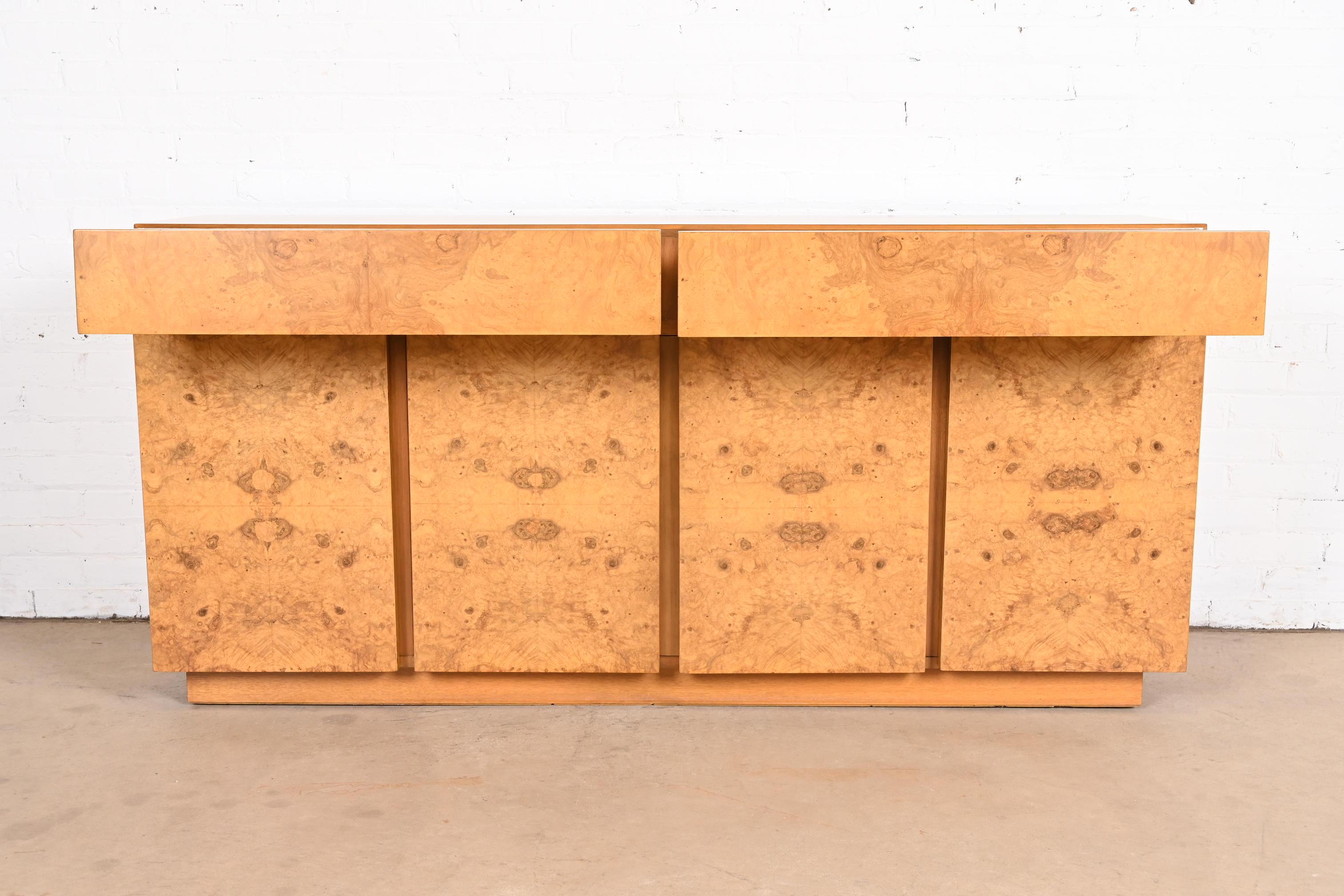 Milo Baughman Style Burl Wood Sideboard, Credenza, or Bar Cabinet, Refinished For Sale 1