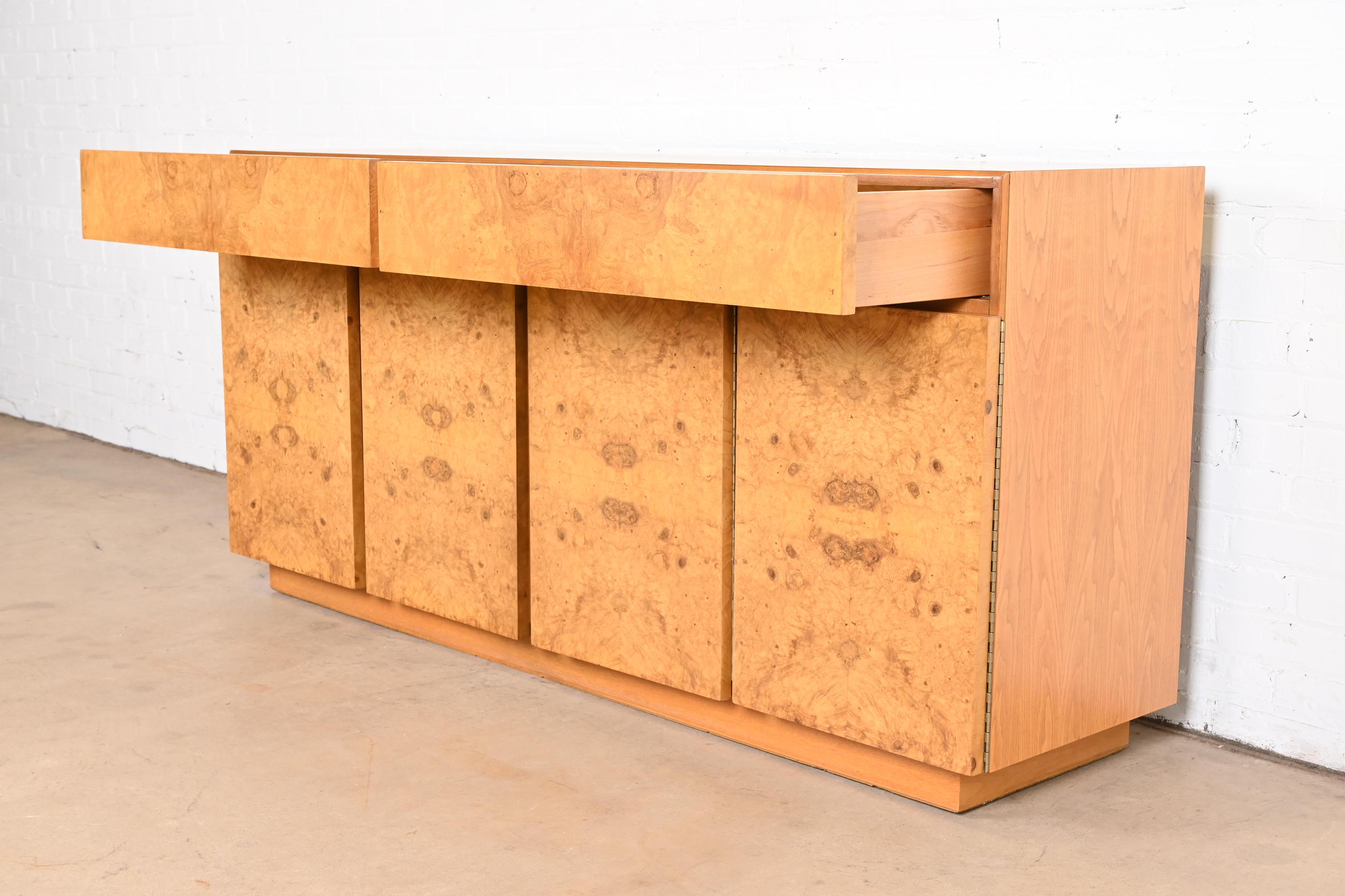 Milo Baughman Style Burl Wood Sideboard, Credenza, or Bar Cabinet, Refinished For Sale 2