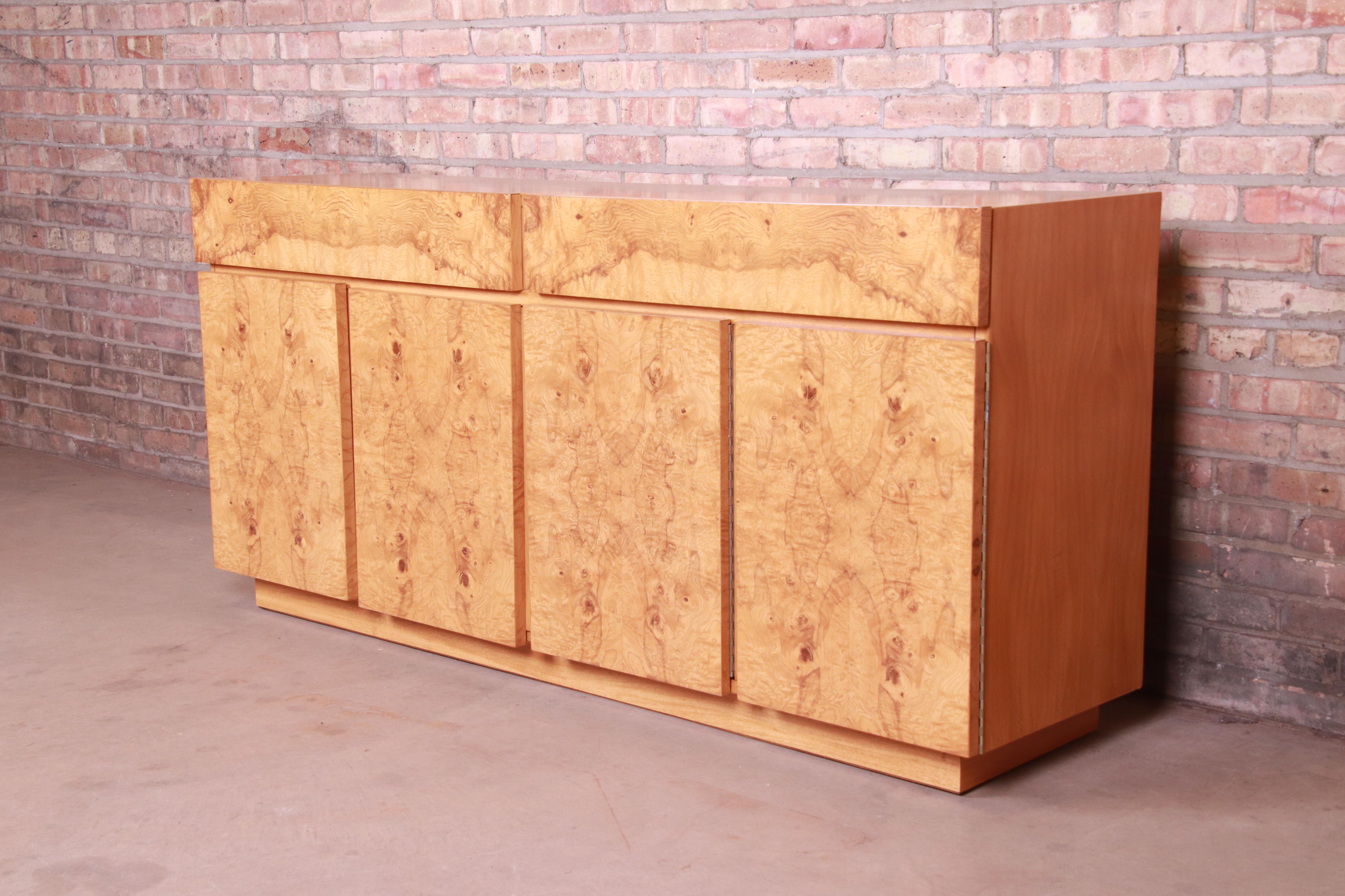 Mid-Century Modern Milo Baughman Style Burl Wood Sideboard or Bar Cabinet by Lane, Newly Refinished