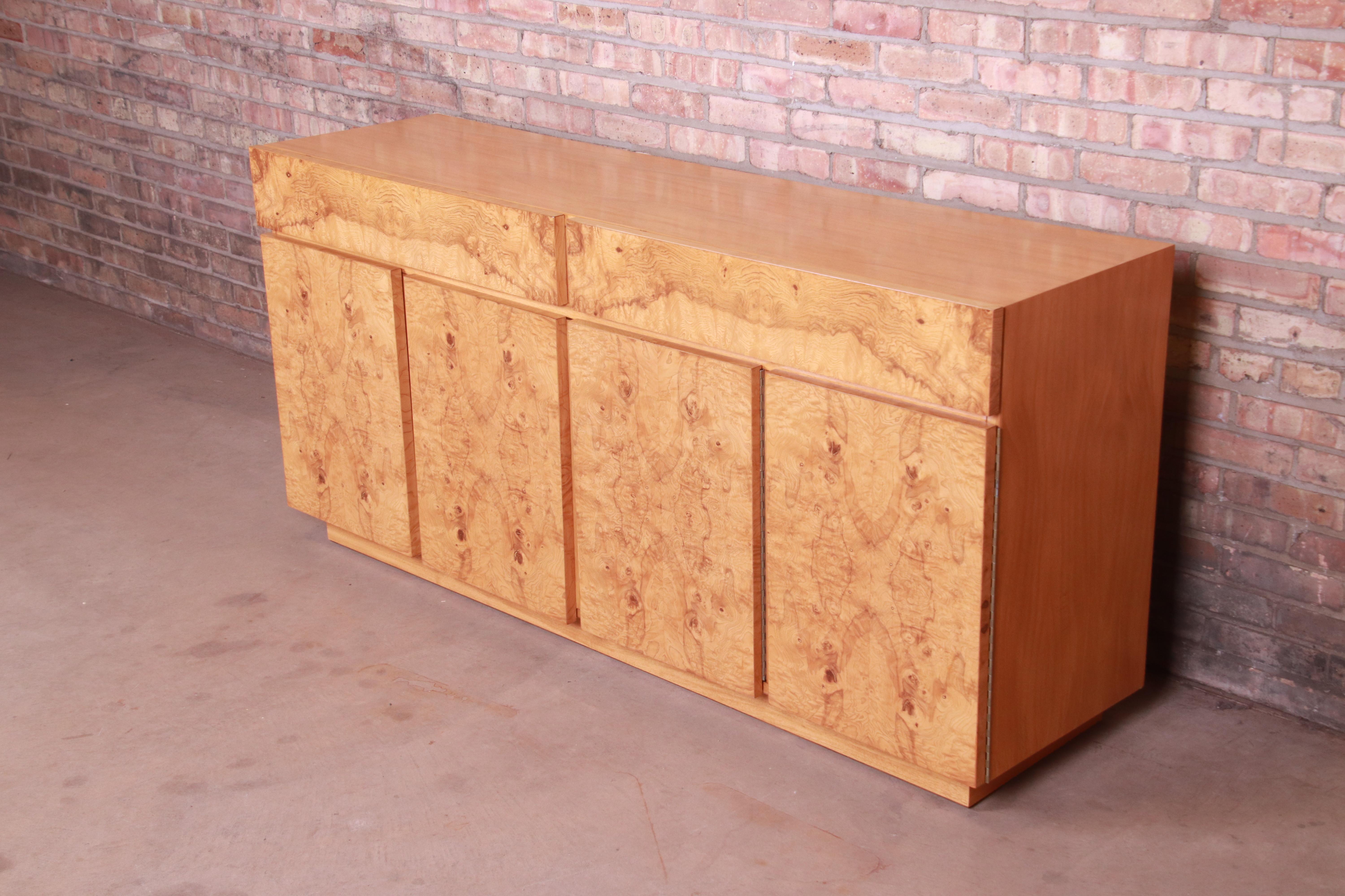 American Milo Baughman Style Burl Wood Sideboard or Bar Cabinet by Lane, Newly Refinished