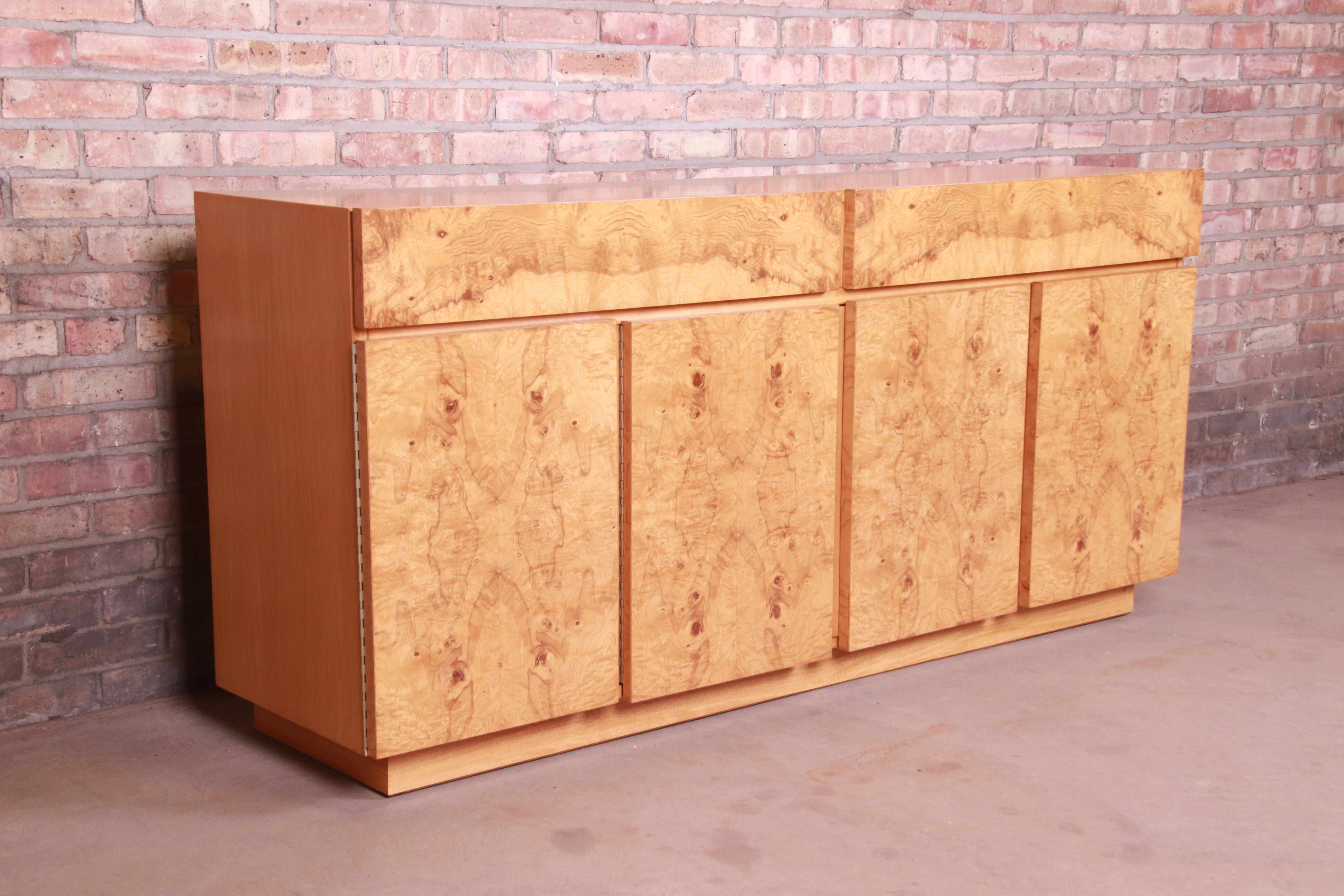 Milo Baughman Style Burl Wood Sideboard or Bar Cabinet by Lane, Newly Refinished In Good Condition In South Bend, IN