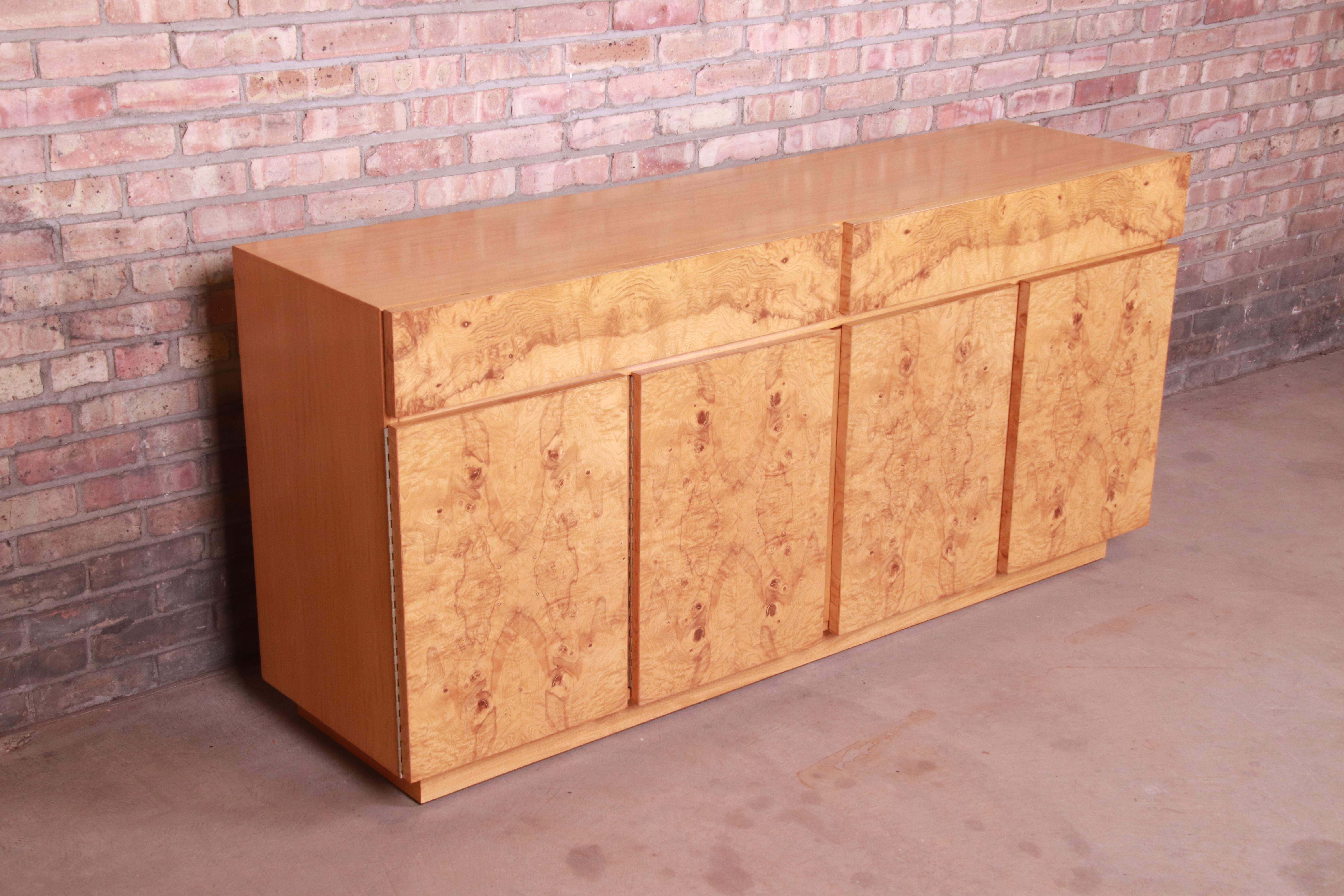 Late 20th Century Milo Baughman Style Burl Wood Sideboard or Bar Cabinet by Lane, Newly Refinished