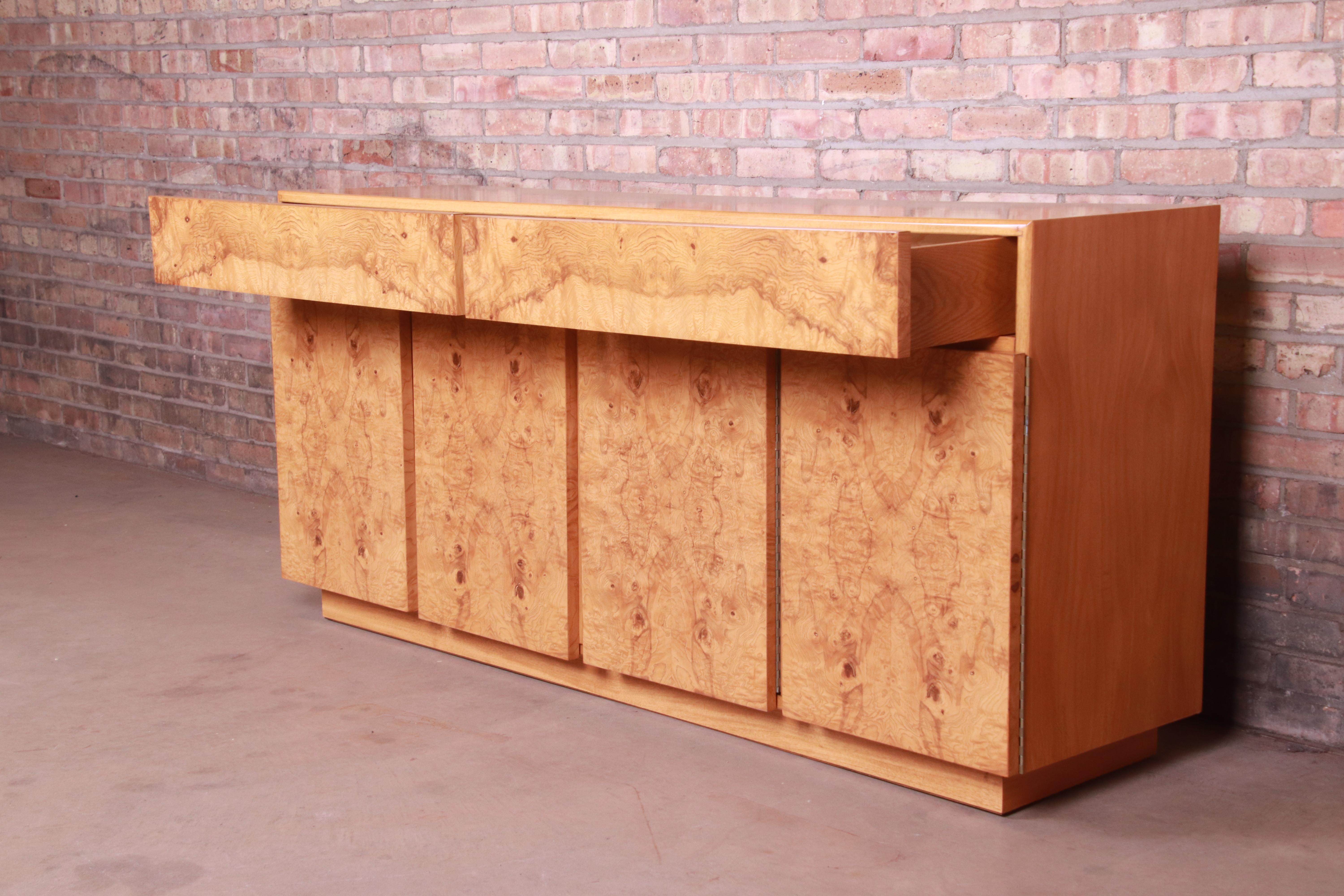 Milo Baughman Style Burl Wood Sideboard or Bar Cabinet by Lane, Newly Refinished 2