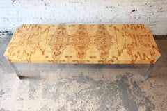 Milo Baughman Style Burled Olive Wood and Chrome Extension Dining Table