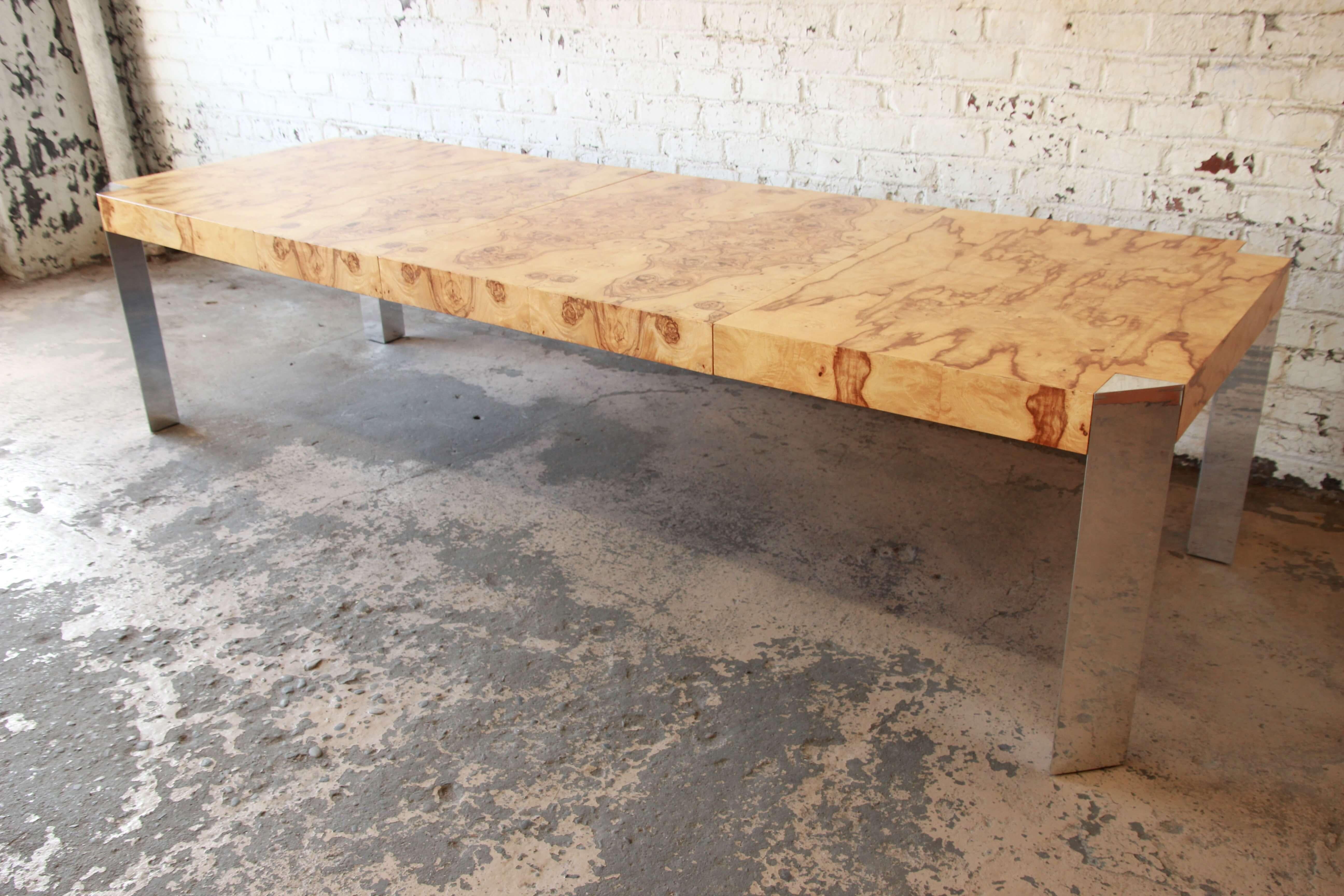 Milo Baughman Style Burled Olive Wood and Chrome Extension Dining Table In Good Condition In South Bend, IN