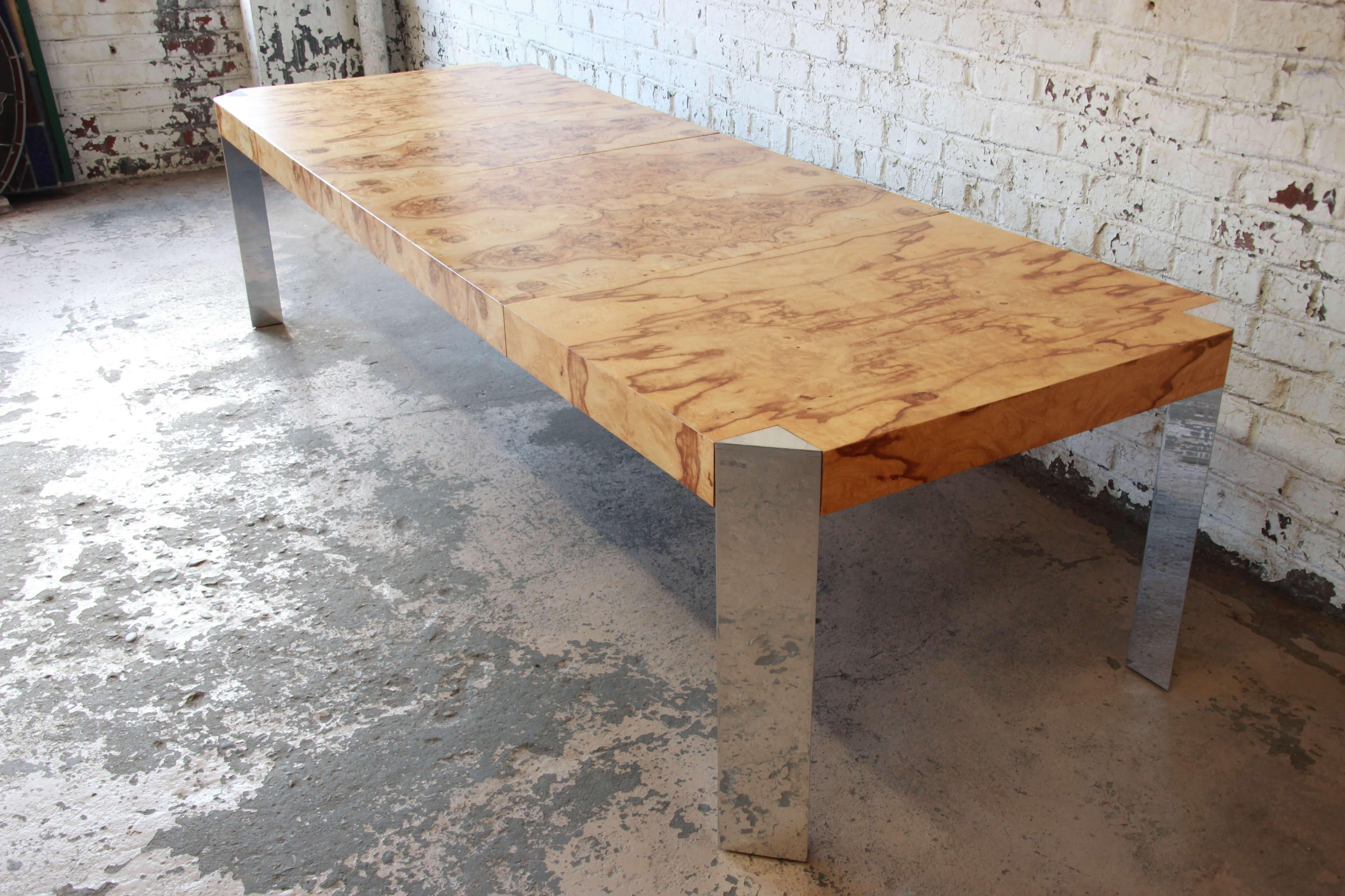 Late 20th Century Milo Baughman Style Burled Olive Wood and Chrome Extension Dining Table