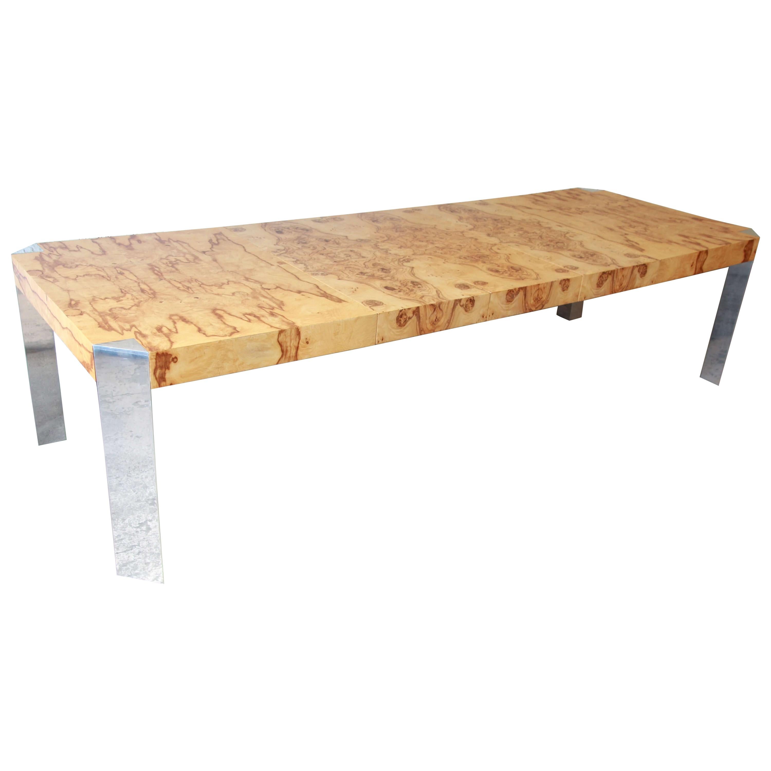 Milo Baughman Style Burled Olive Wood and Chrome Extension Dining Table
