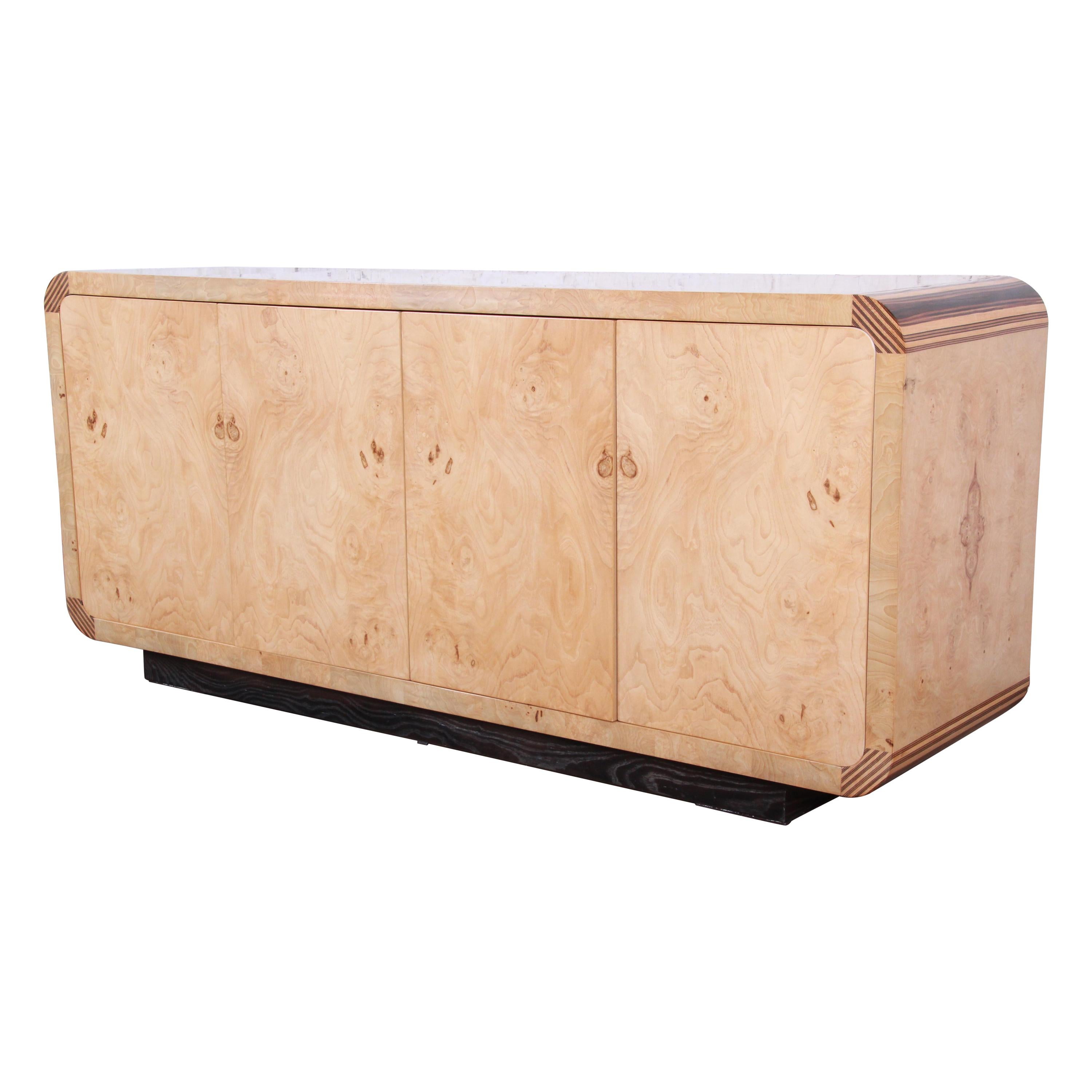 Milo Baughman Style Burled Olive Wood Credenza by Henredon