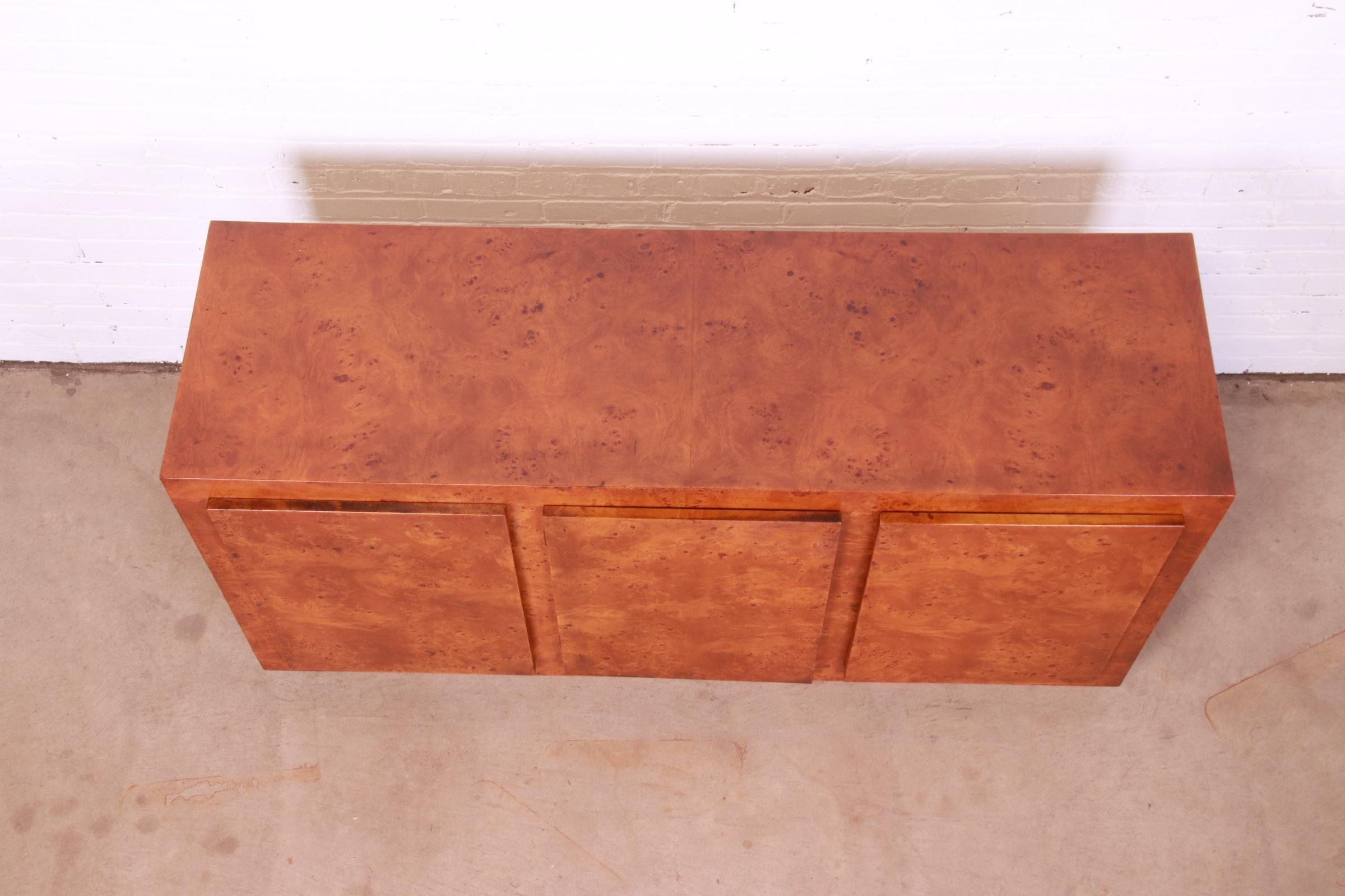 Milo Baughman Style Burled Olive Wood Sideboard, Credenza, or Bar Cabinet For Sale 1