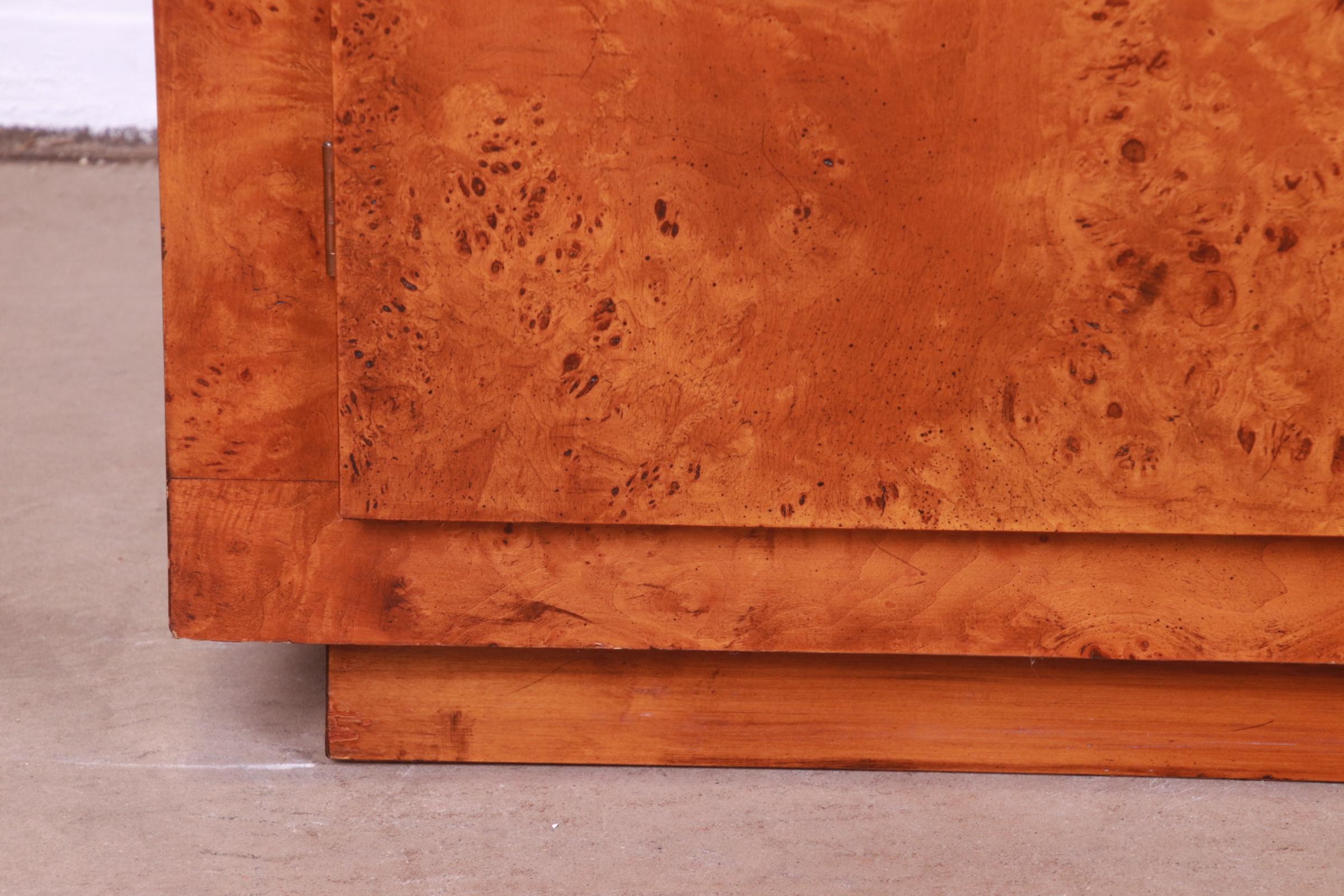 Milo Baughman Style Burled Olive Wood Sideboard, Credenza, or Bar Cabinet For Sale 2