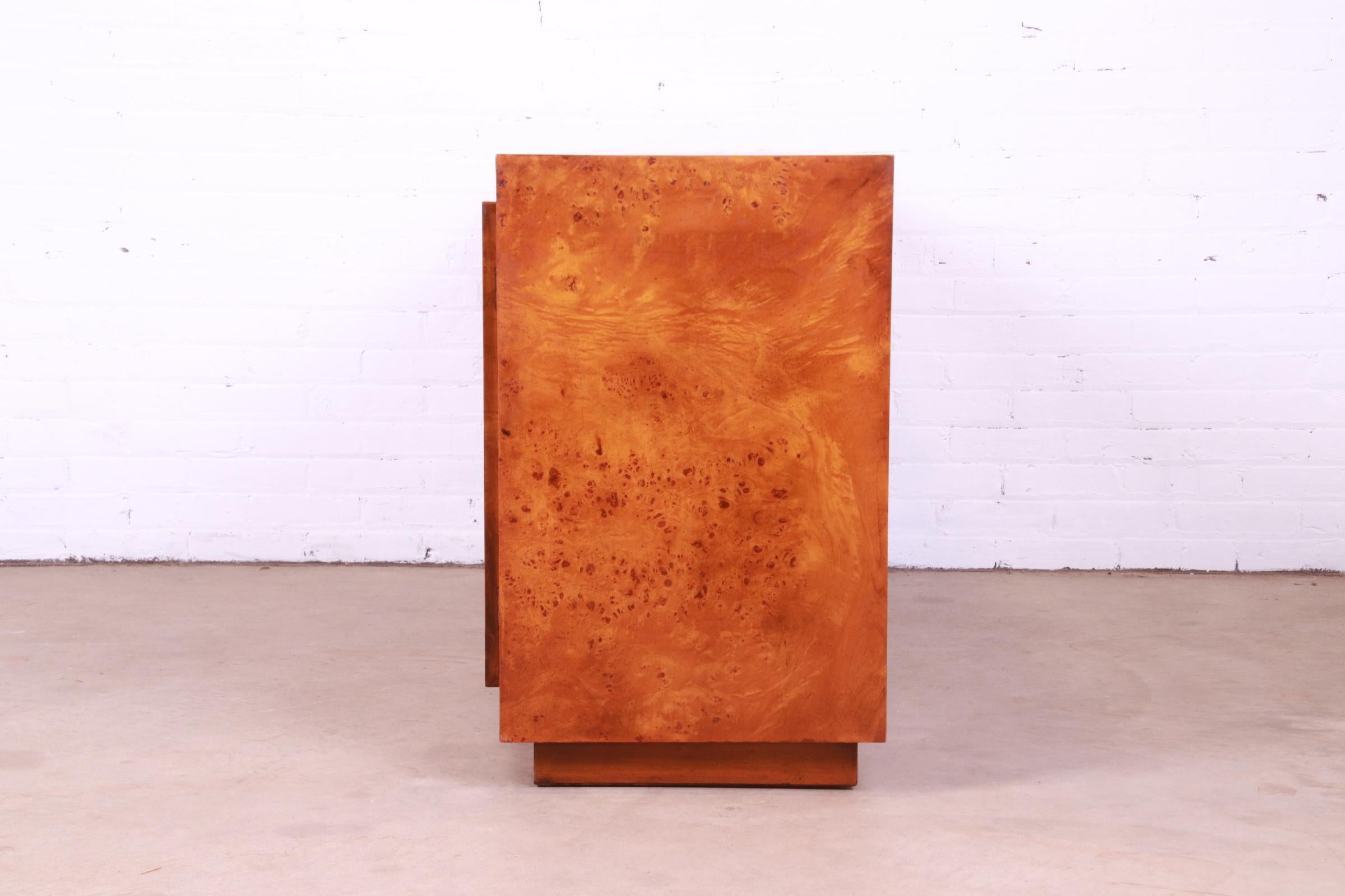 Milo Baughman Style Burled Olive Wood Sideboard, Credenza, or Bar Cabinet For Sale 3