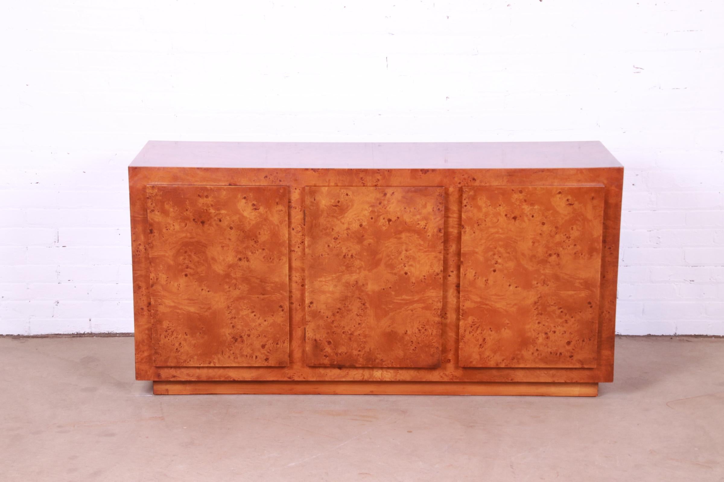 Mid-Century Modern Milo Baughman Style Burled Olive Wood Sideboard, Credenza, or Bar Cabinet For Sale