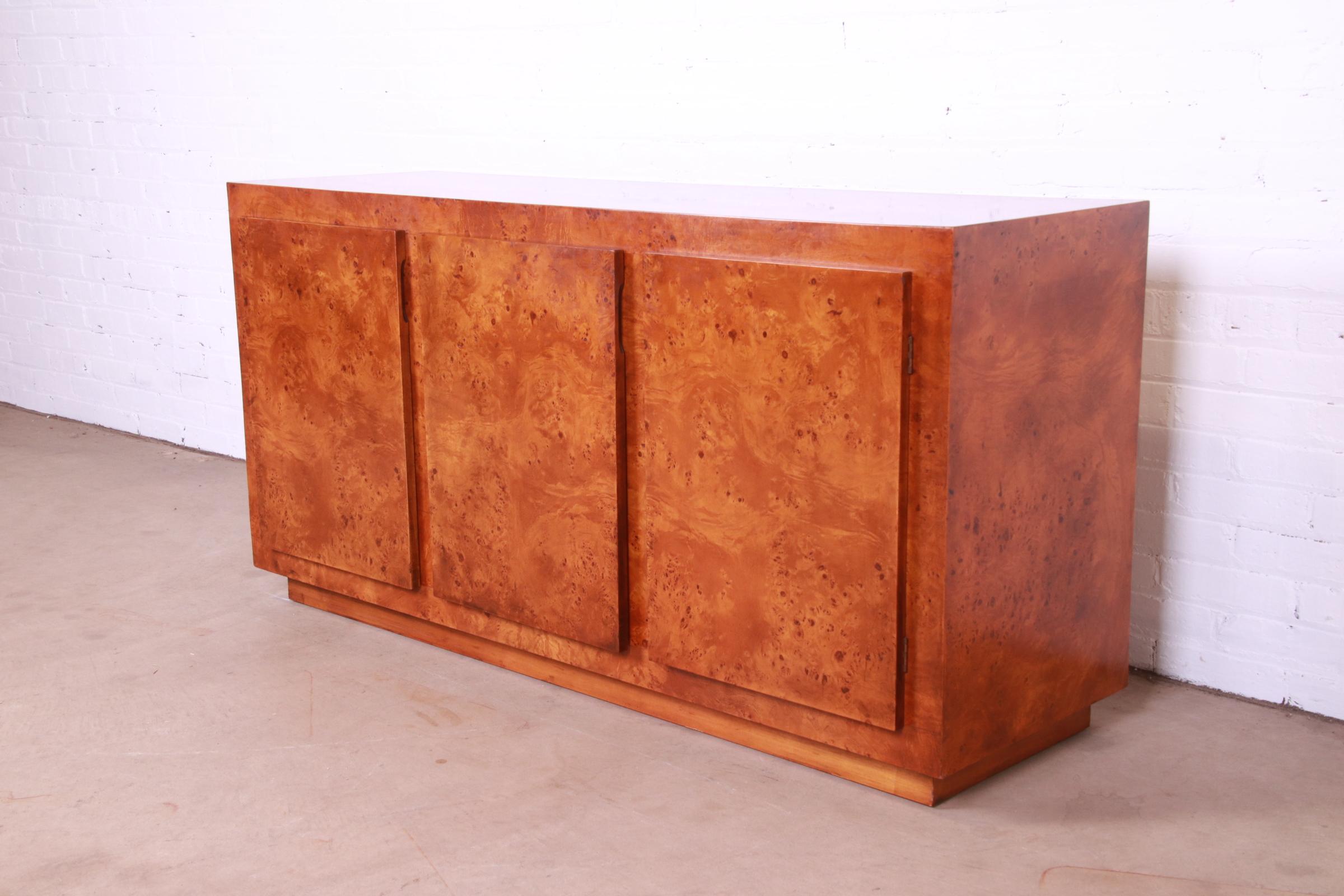 American Milo Baughman Style Burled Olive Wood Sideboard, Credenza, or Bar Cabinet For Sale