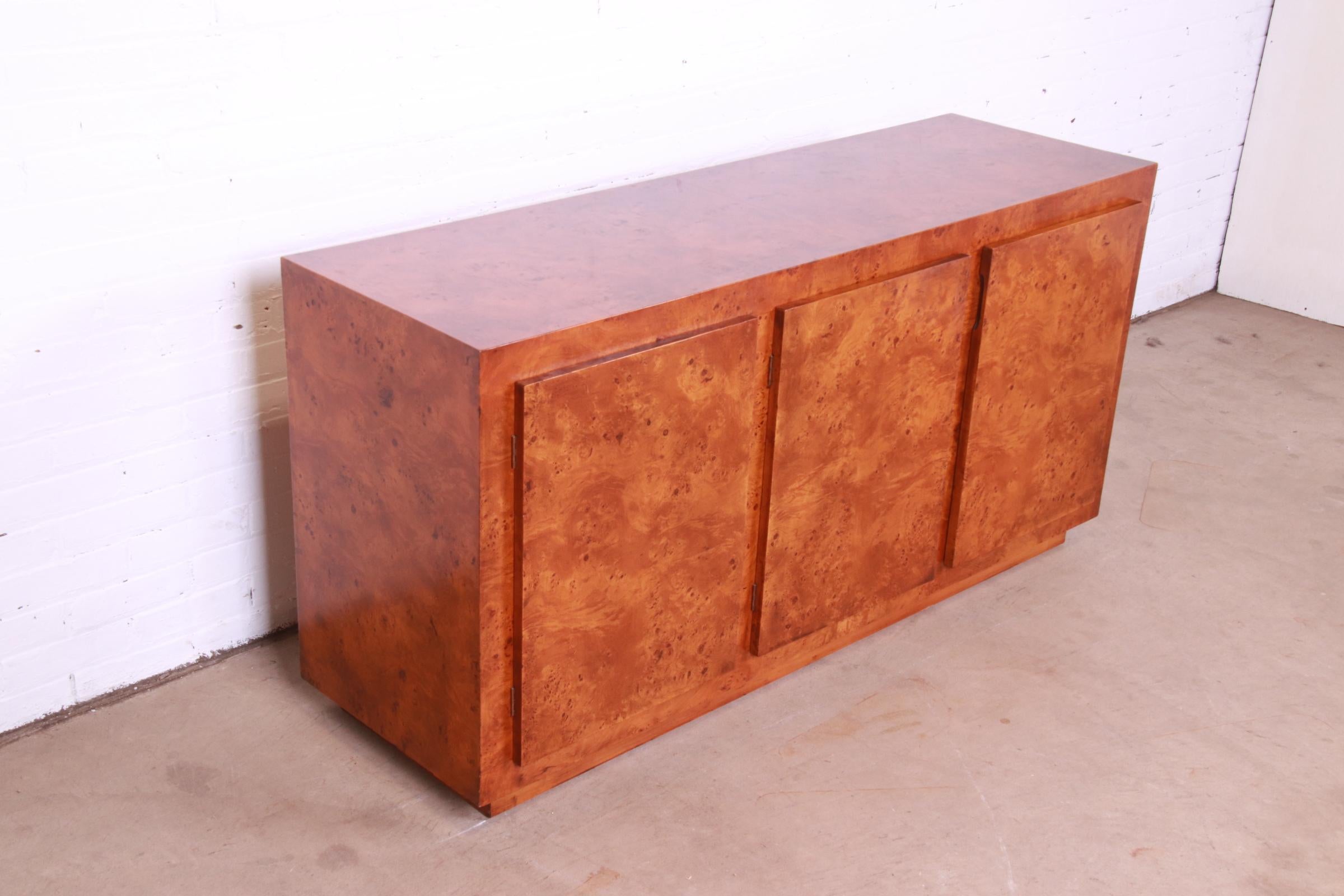 Late 20th Century Milo Baughman Style Burled Olive Wood Sideboard, Credenza, or Bar Cabinet For Sale