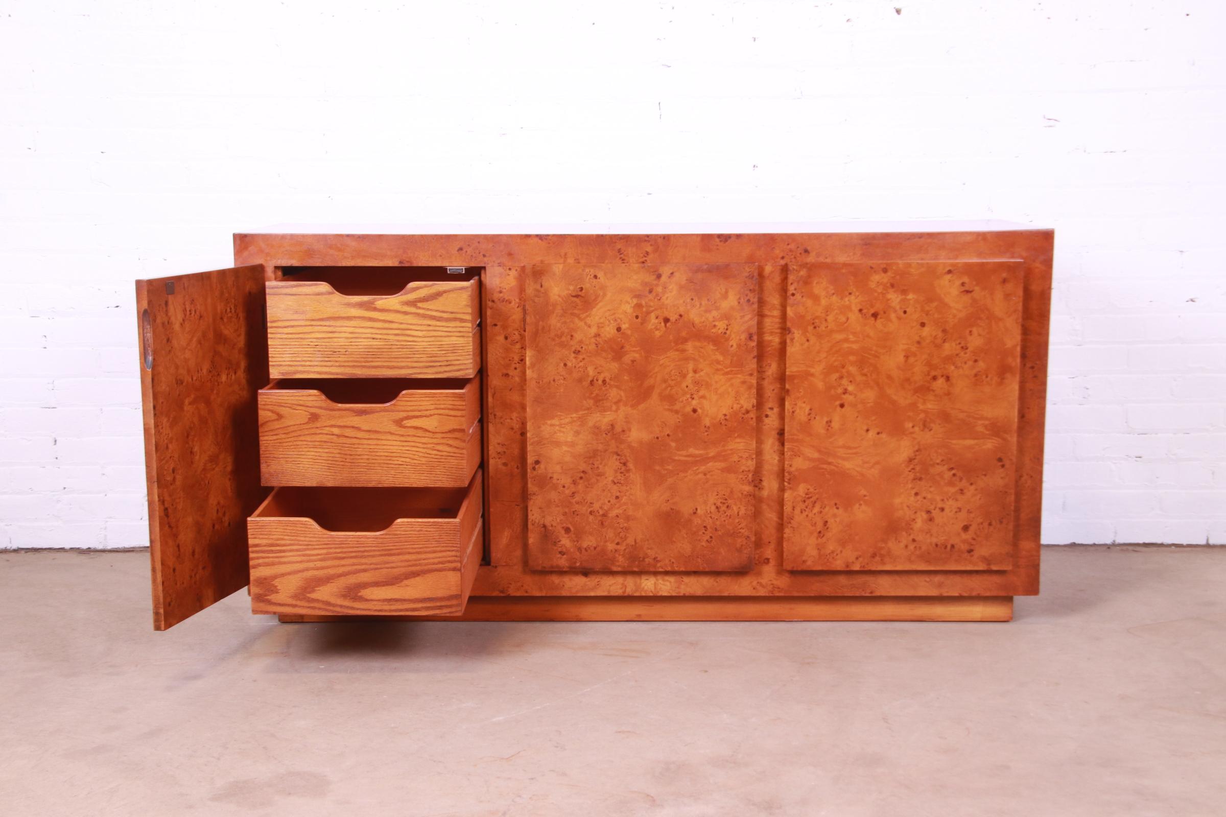 Milo Baughman Style Burled Olive Wood Sideboard, Credenza, or Bar Cabinet For Sale 1