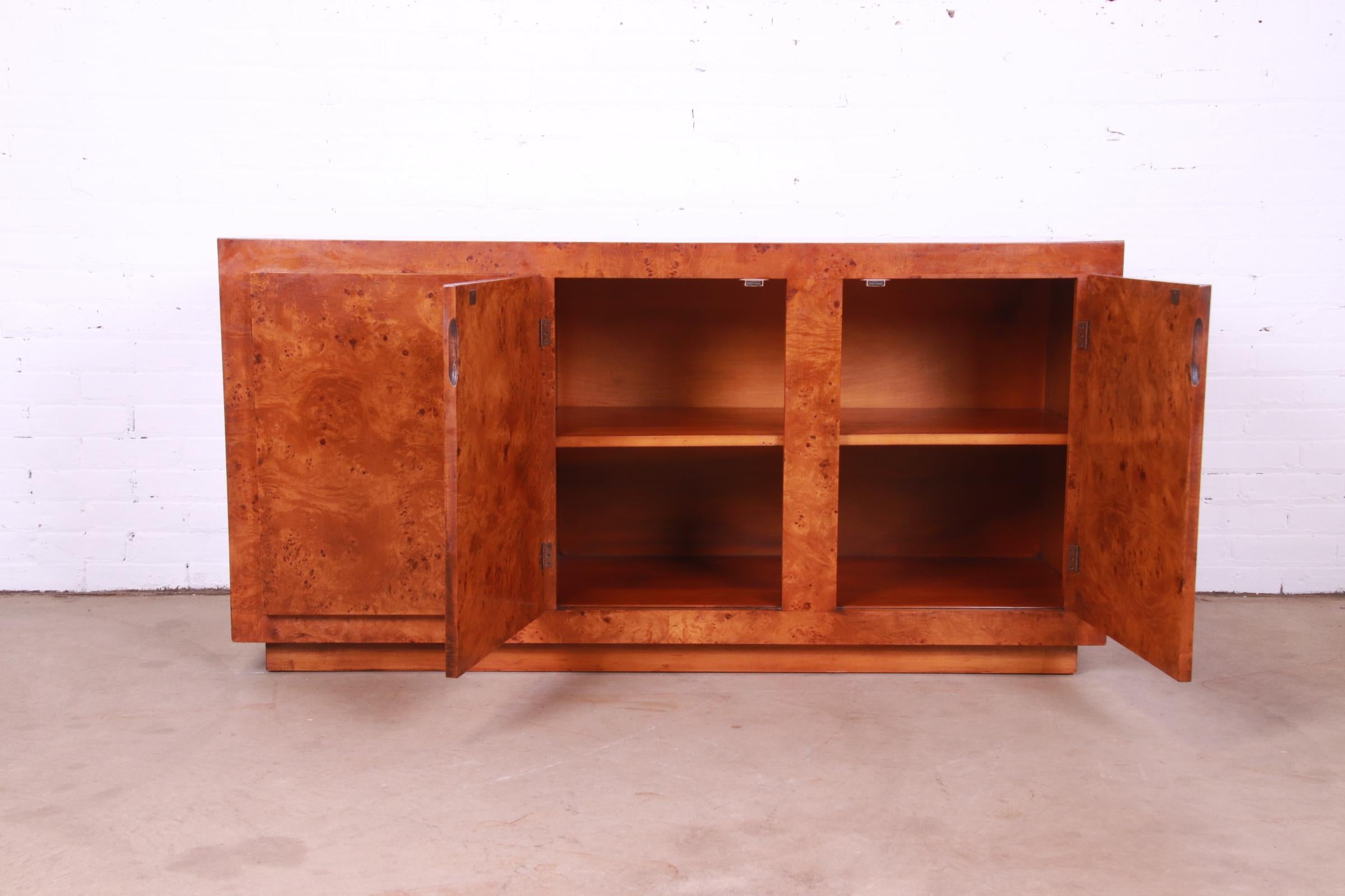 Milo Baughman Style Burled Olive Wood Sideboard, Credenza, or Bar Cabinet For Sale 3