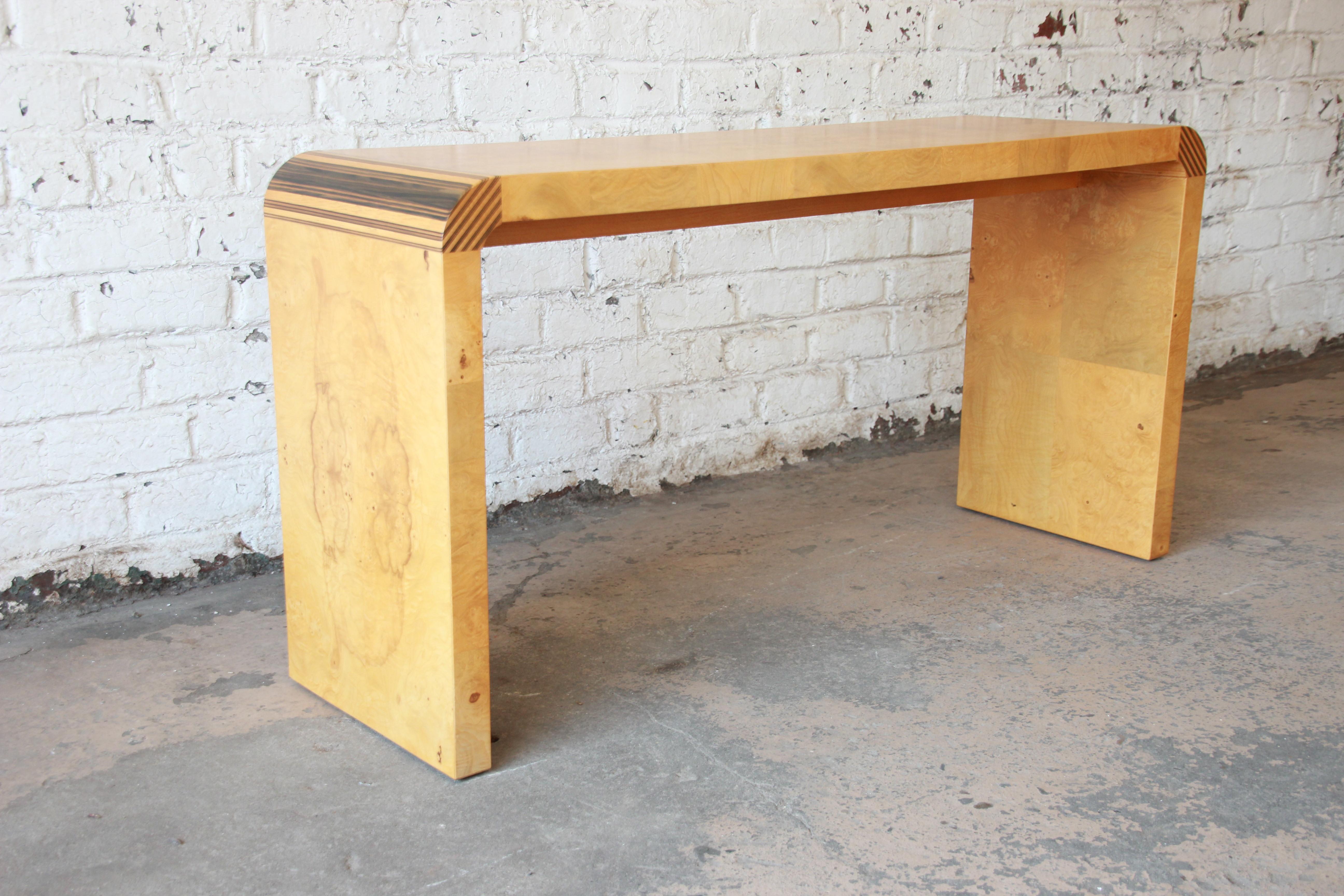 Milo Baughman Style Burled Olivewood Console Table by Henredon In Excellent Condition In South Bend, IN