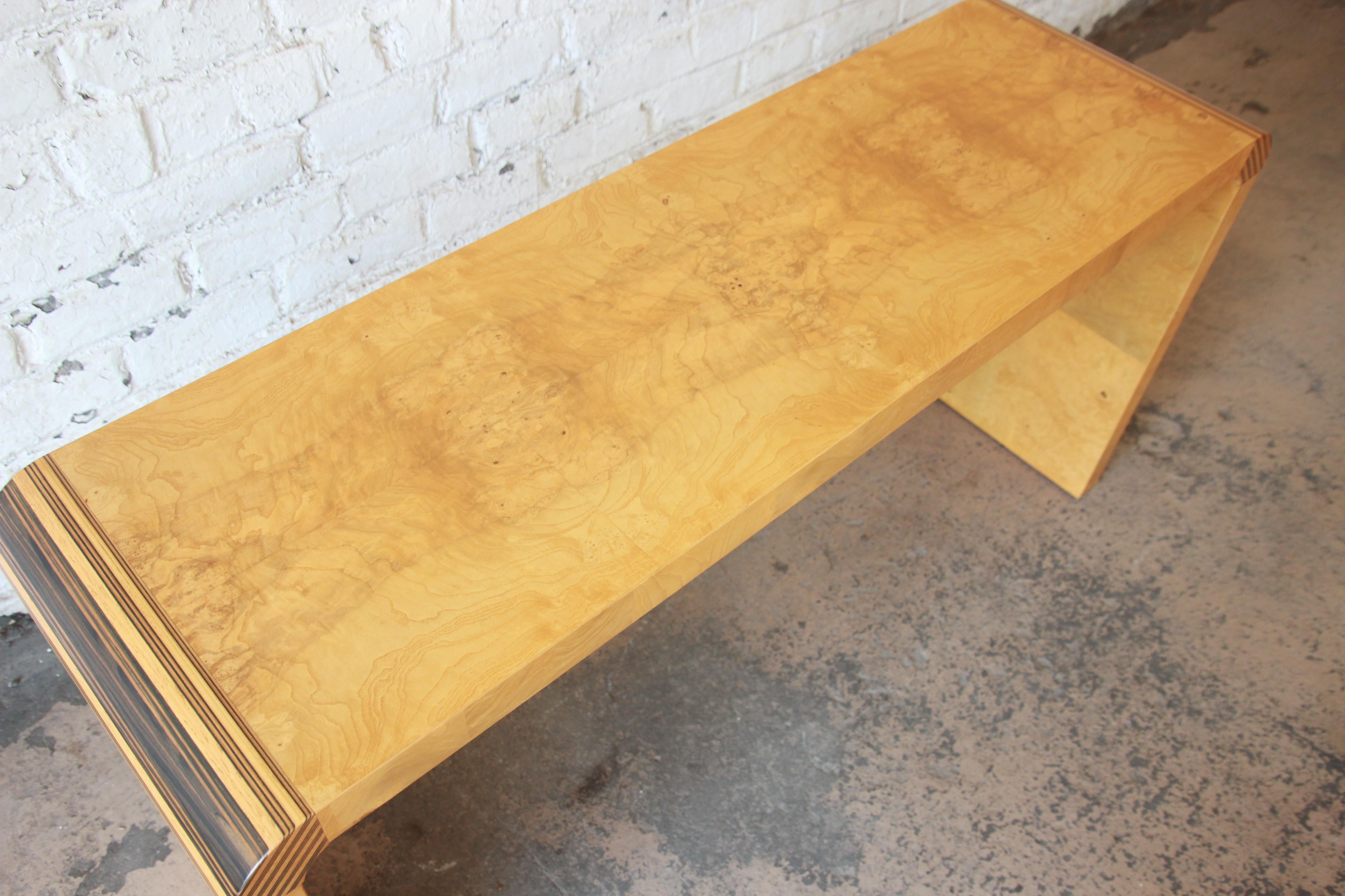 Milo Baughman Style Burled Olivewood Console Table by Henredon 1