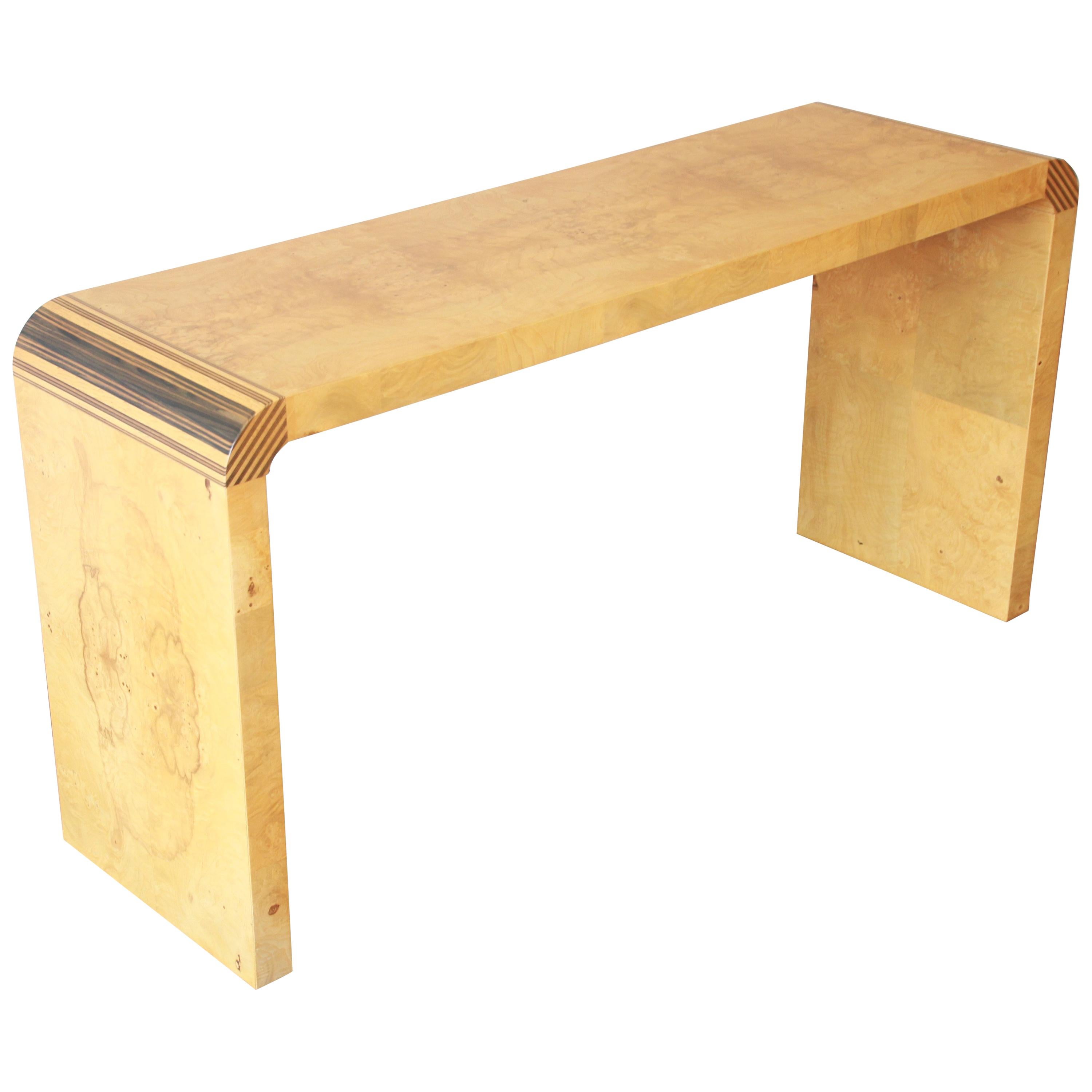 Milo Baughman Style Burled Olivewood Console Table by Henredon