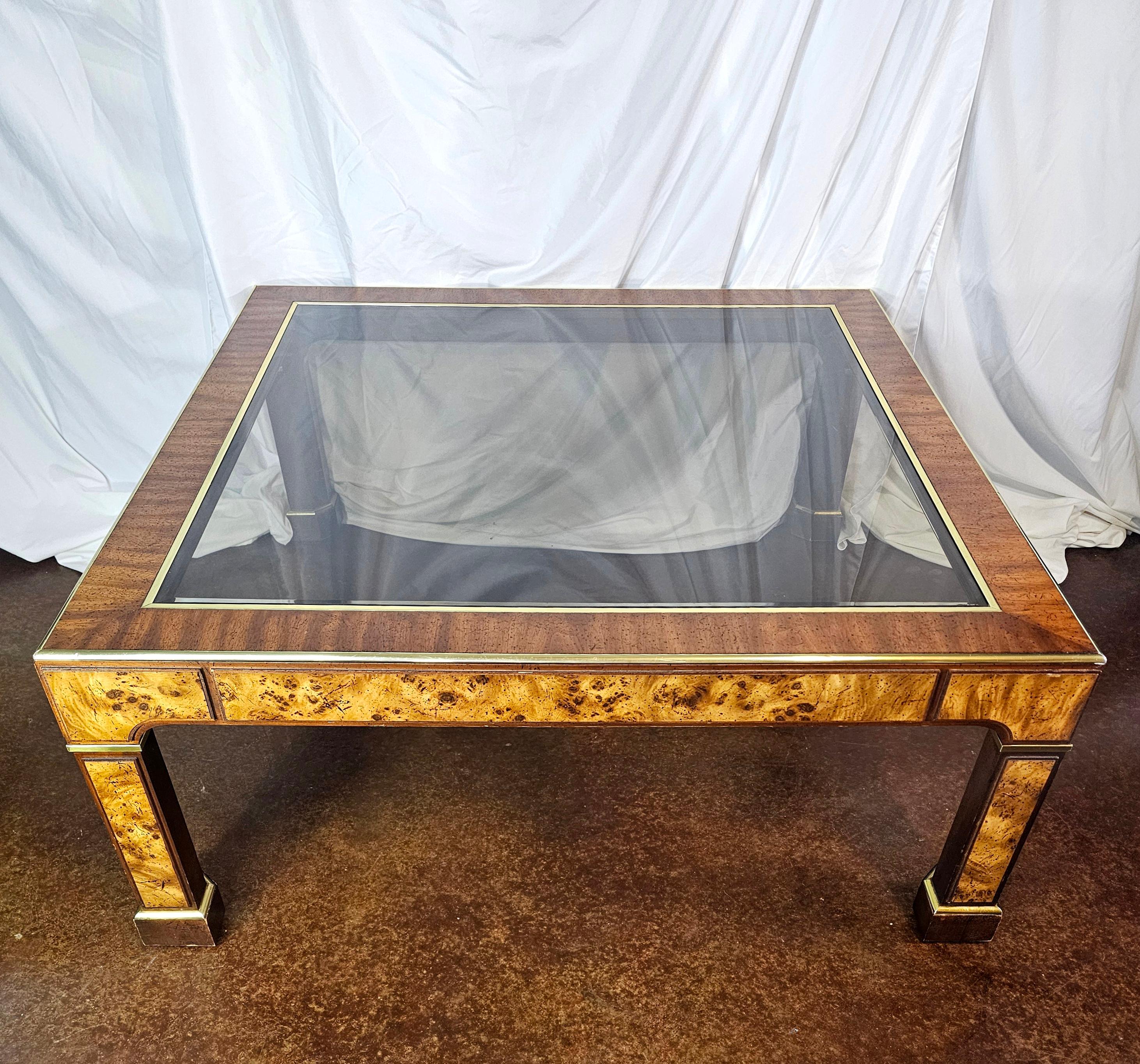 Milo Baughman style Burlwood, Brass and Glass Coffee Table  For Sale 7