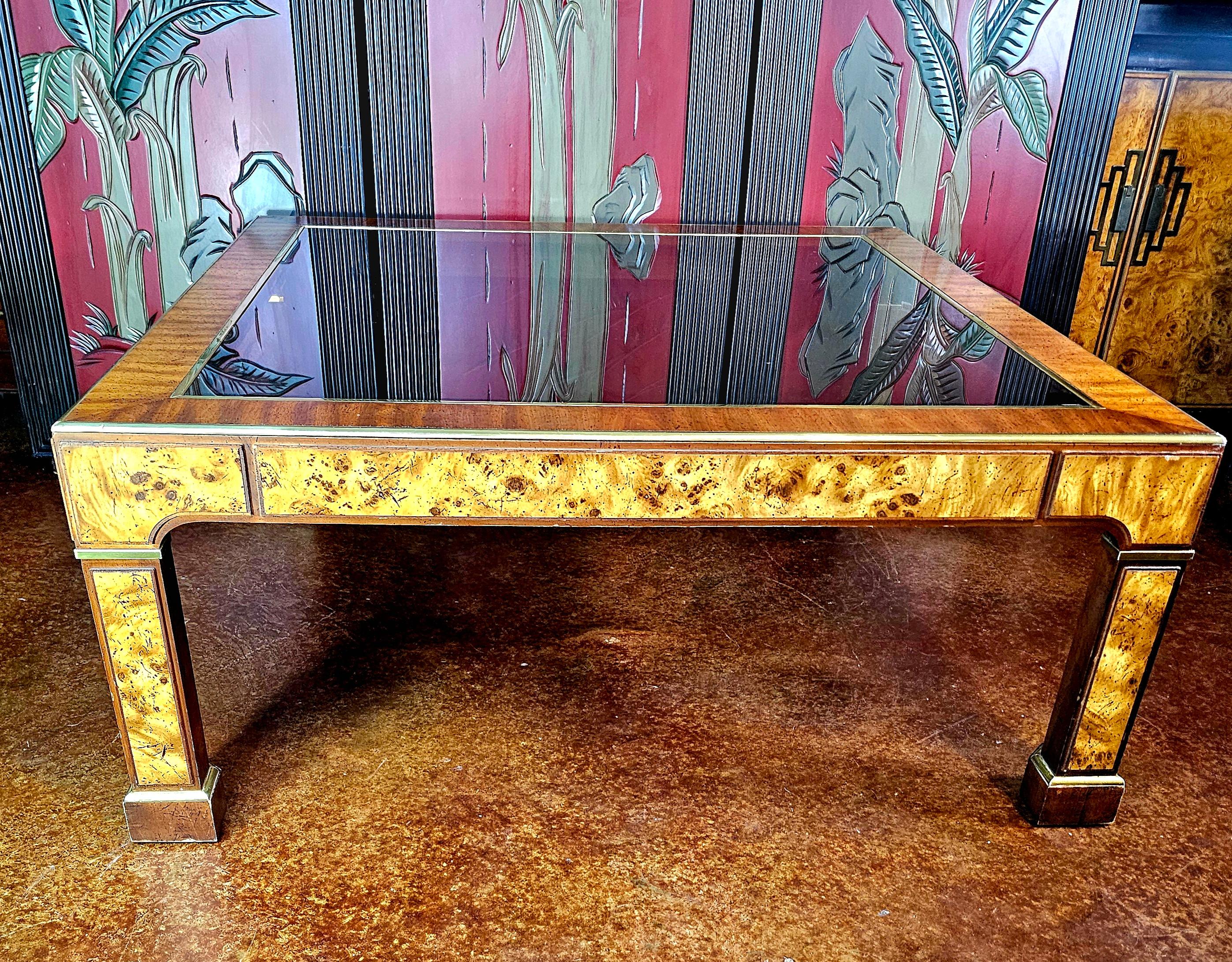 Milo Baughman style Burlwood, Brass and Glass Coffee Table  For Sale 8