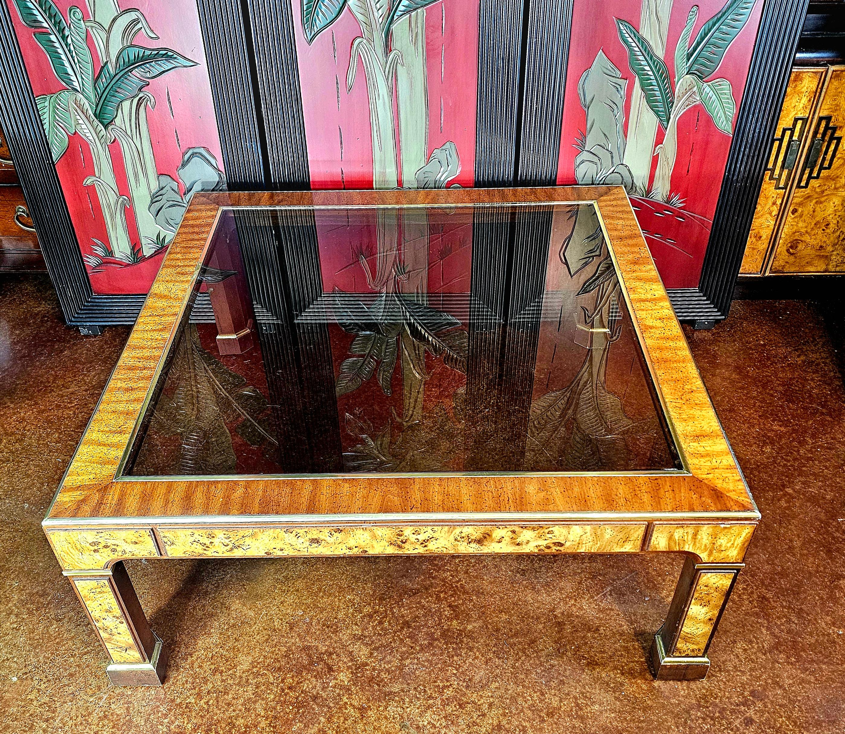Milo Baughman style Burlwood, Brass and Glass Coffee Table  For Sale 9