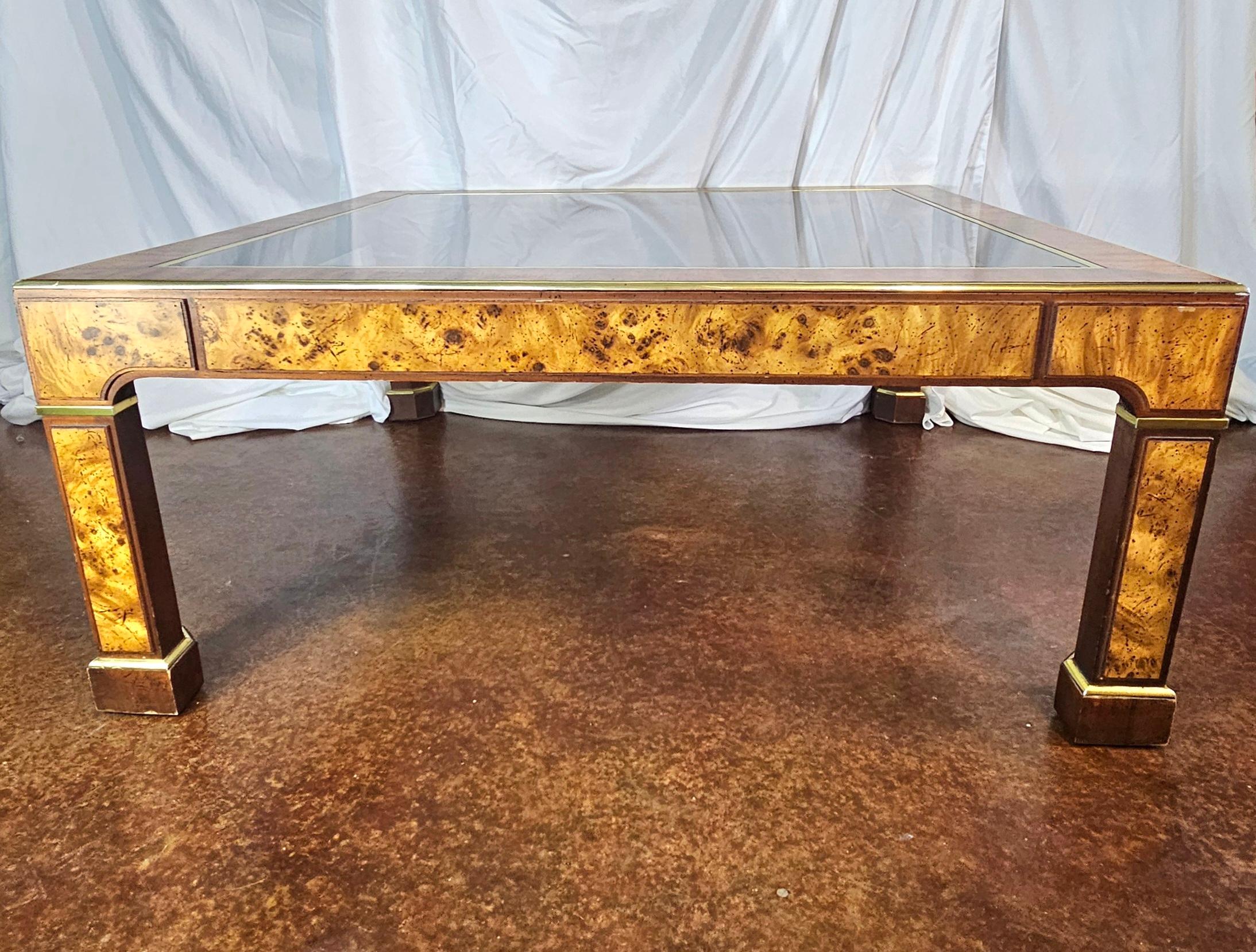 Milo Baughman style Burlwood, Brass and Glass Coffee Table  For Sale 11