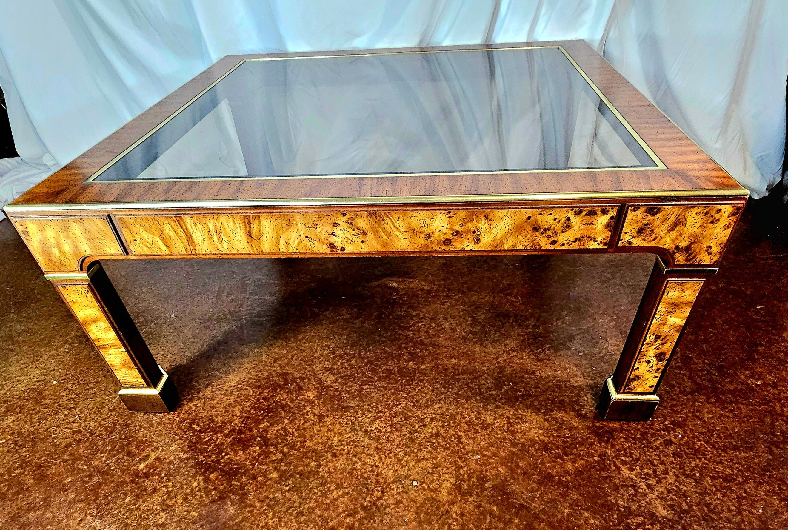 Chinoiserie Milo Baughman style Burlwood, Brass and Glass Coffee Table  For Sale