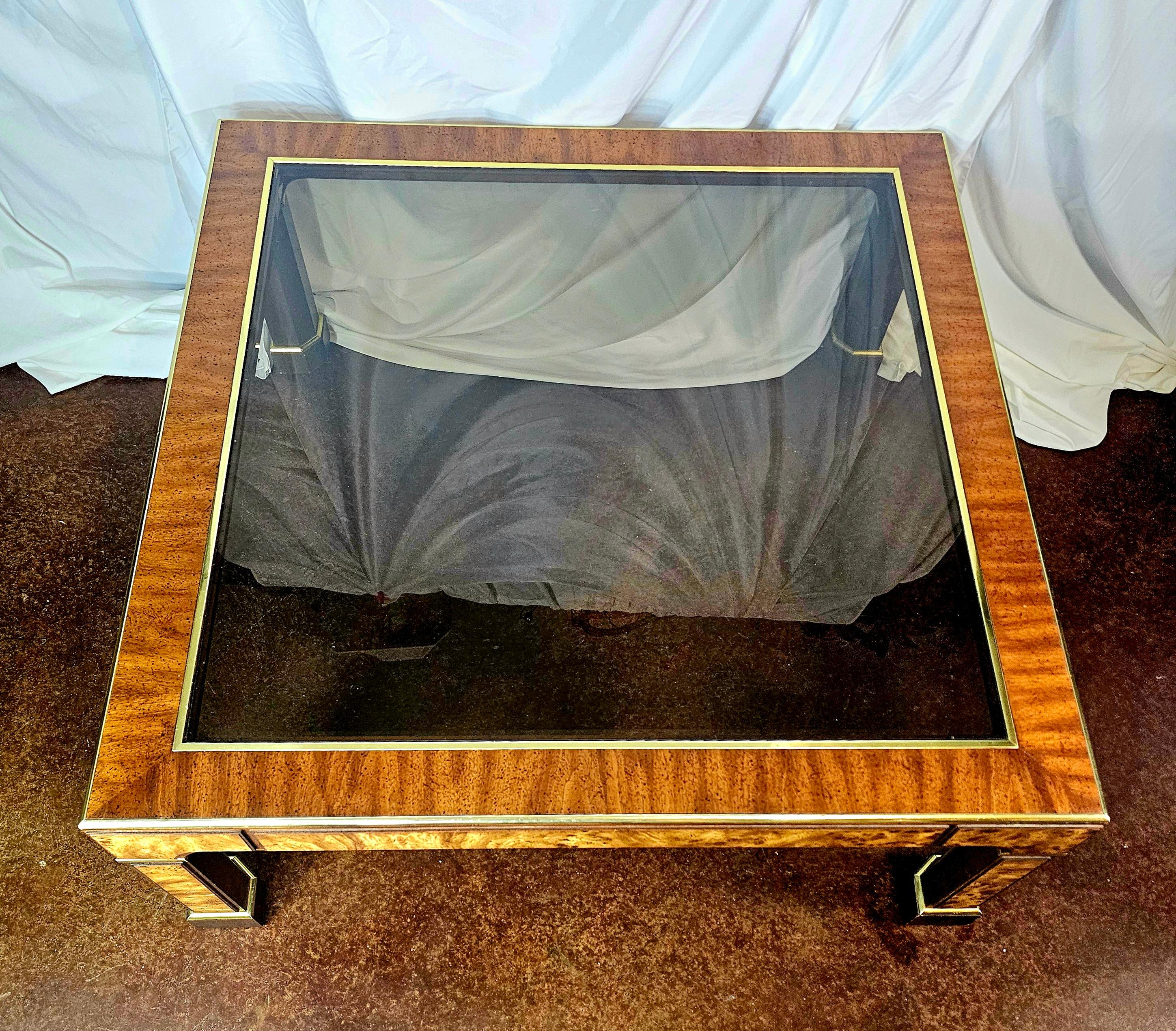 Unknown Milo Baughman style Burlwood, Brass and Glass Coffee Table  For Sale