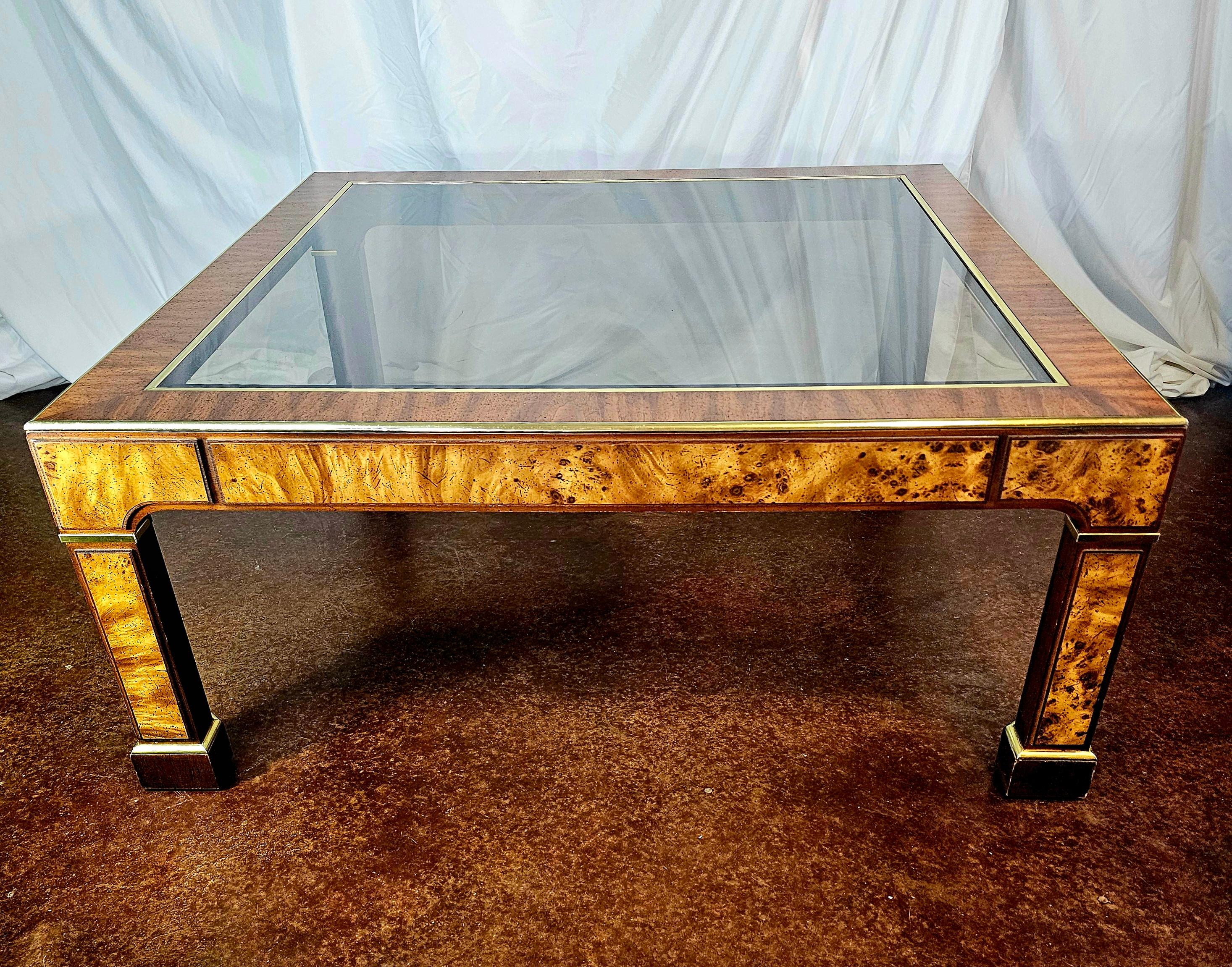 Late 20th Century Milo Baughman style Burlwood, Brass and Glass Coffee Table  For Sale