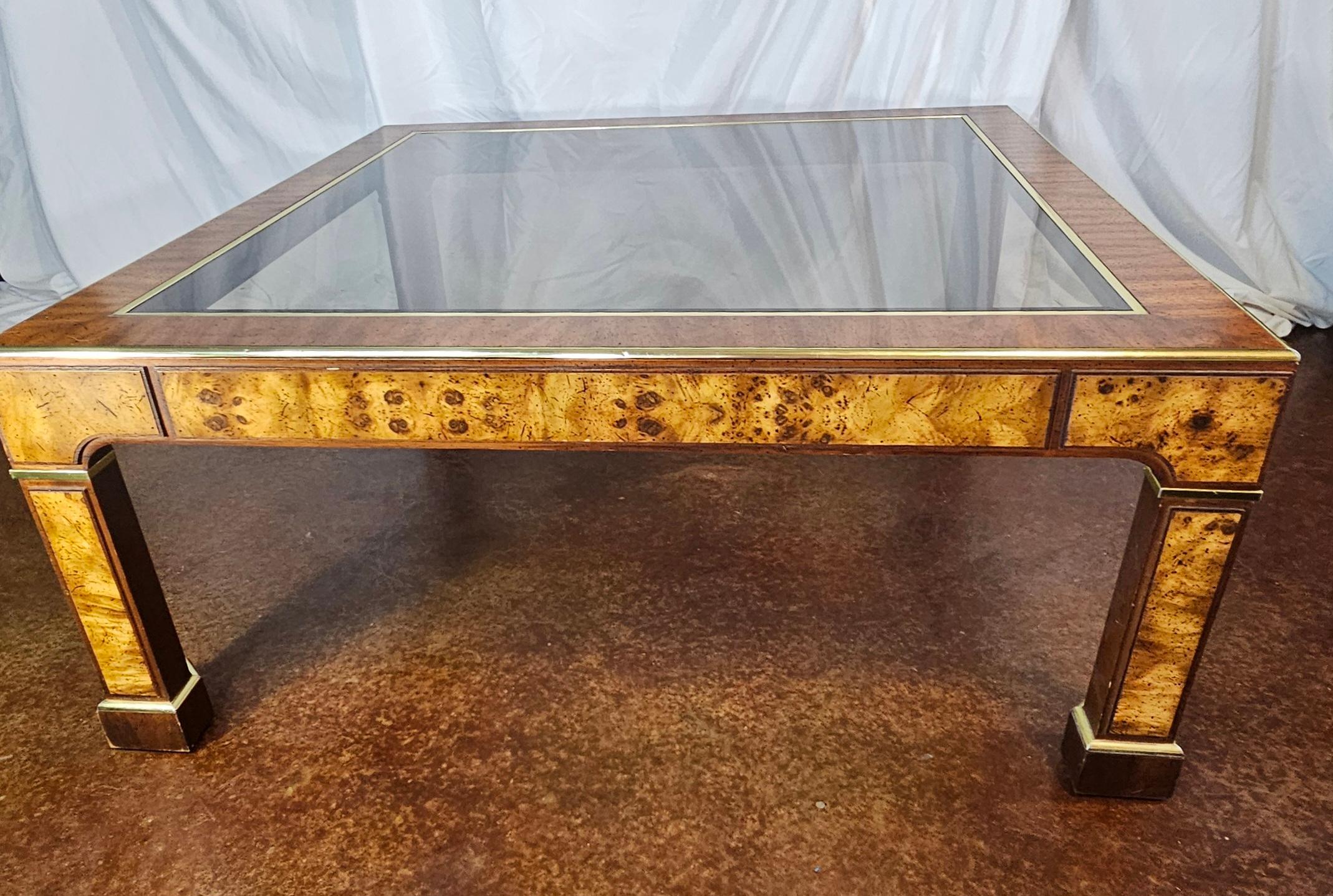 Milo Baughman style Burlwood, Brass and Glass Coffee Table  For Sale 3