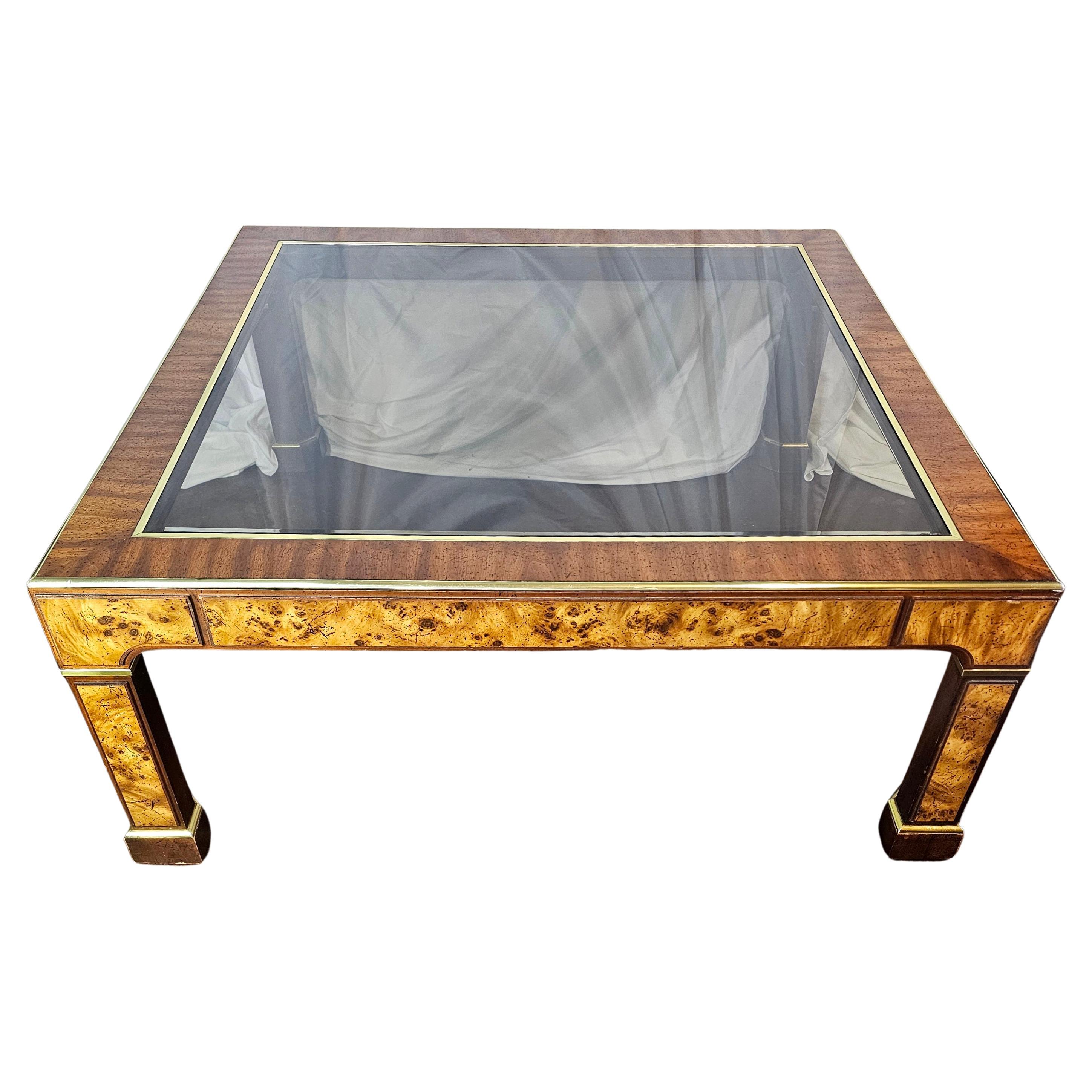 Milo Baughman style Burlwood, Brass and Glass Coffee Table  For Sale