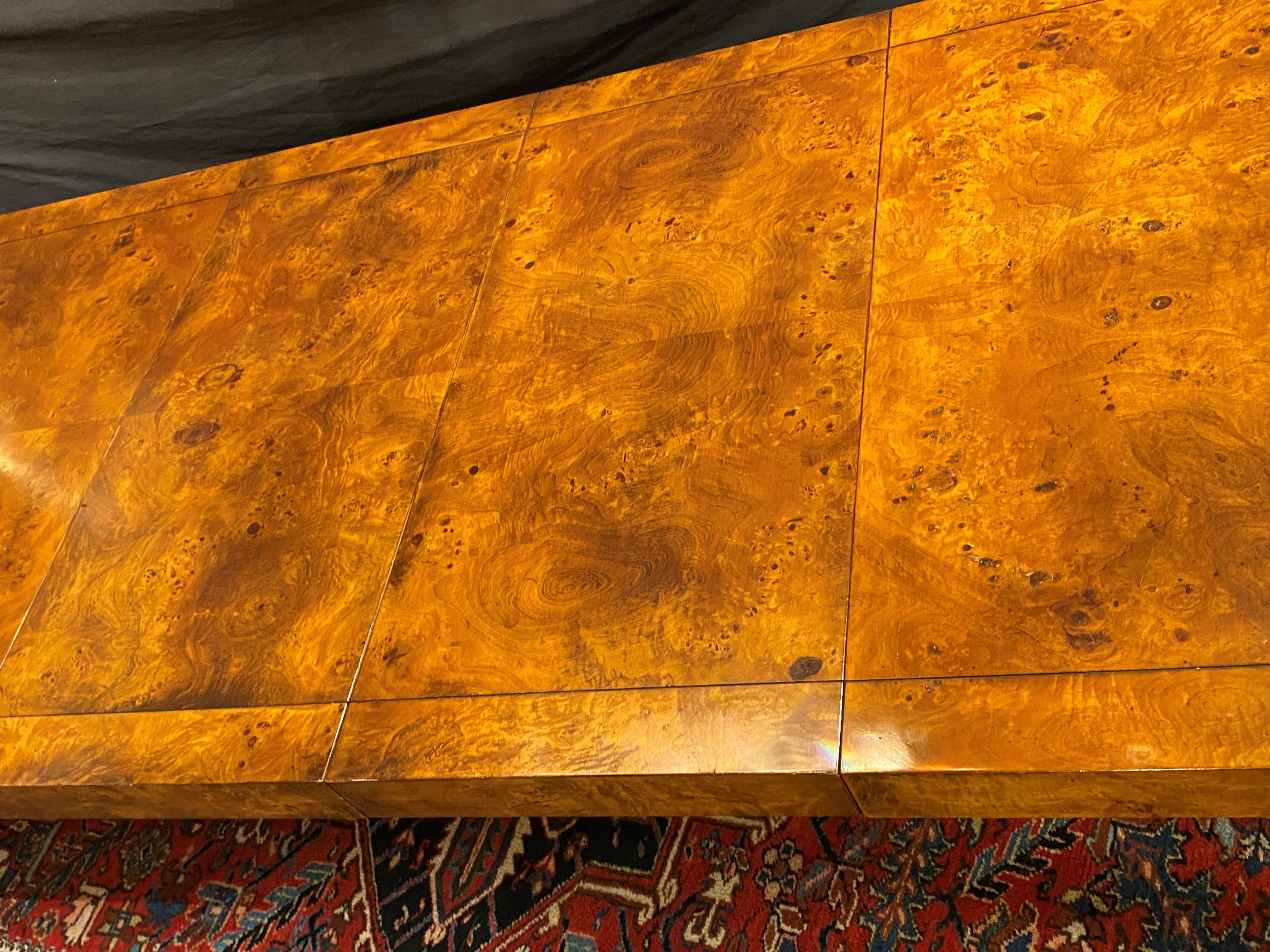 Mid-Century Modern Milo Baughman Style Burlwood Parsons Dining Table with Two Leaves