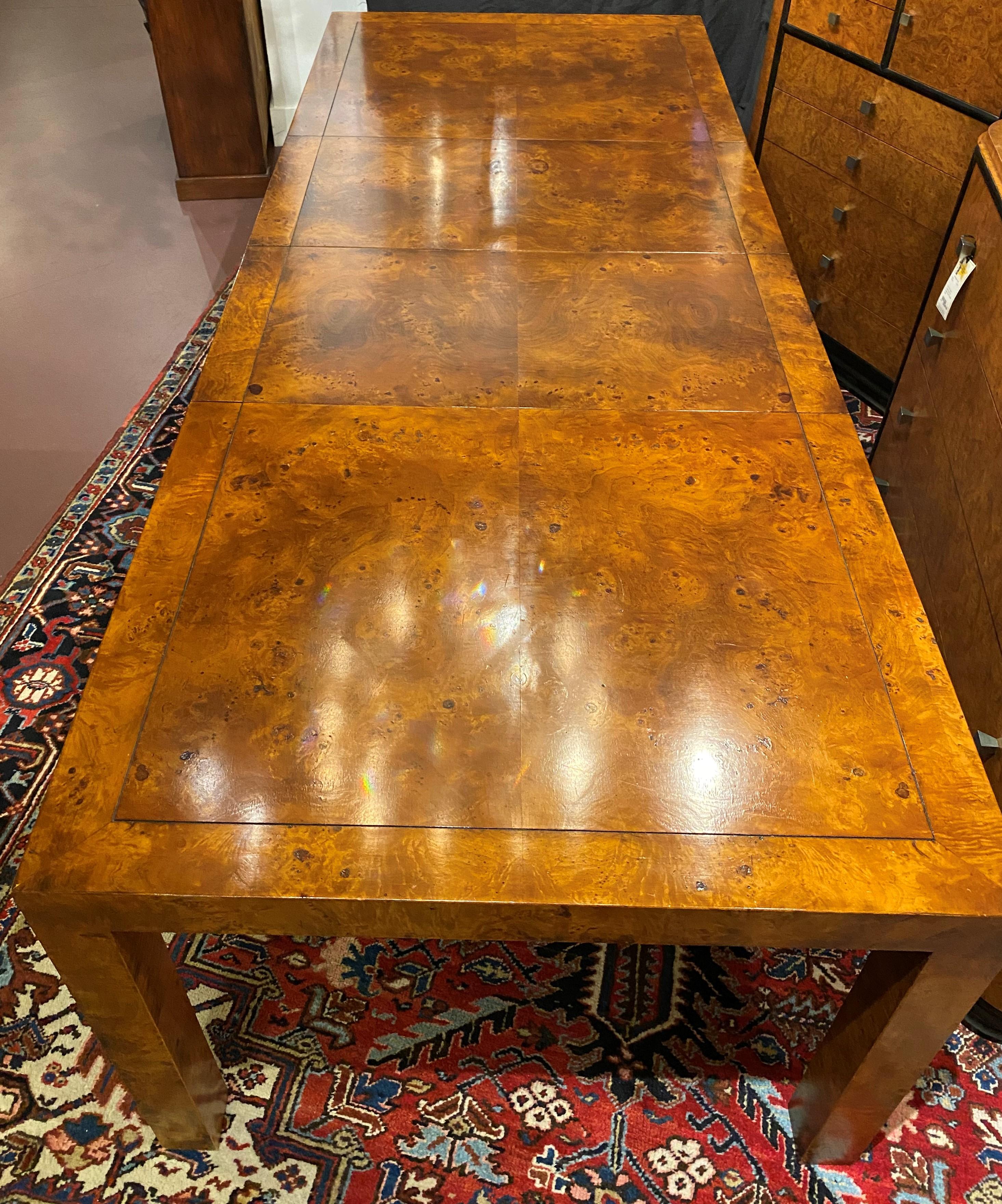 20th Century Milo Baughman Style Burlwood Parsons Dining Table with Two Leaves
