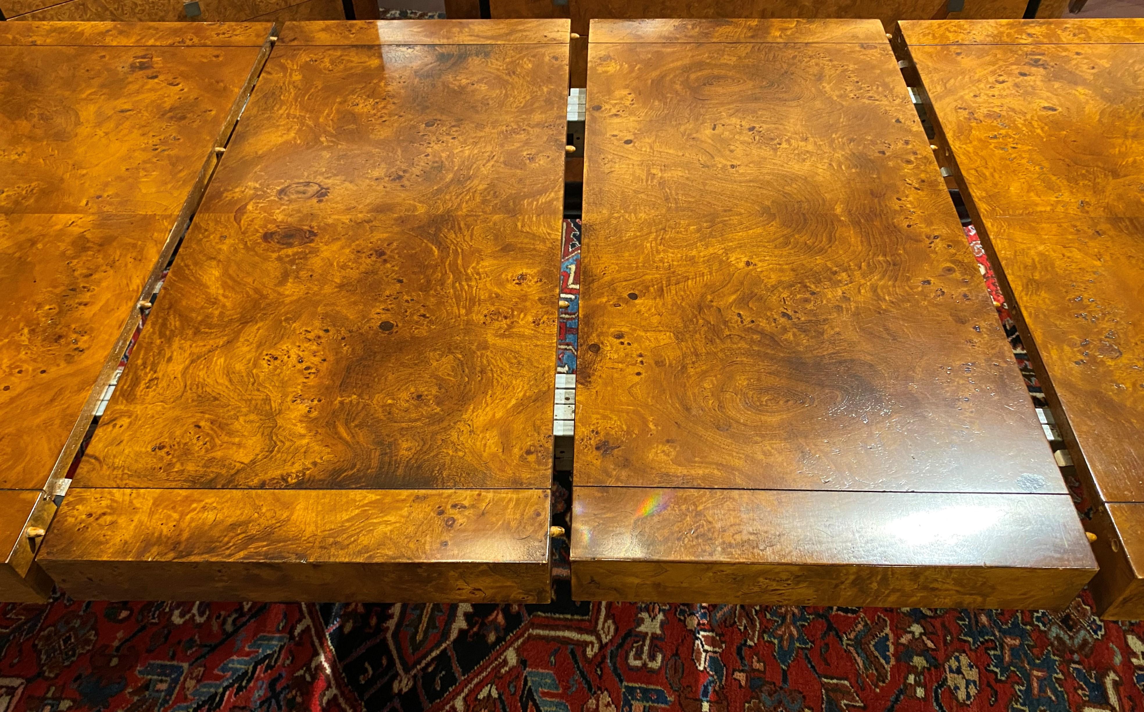 Milo Baughman Style Burlwood Parsons Dining Table with Two Leaves 1