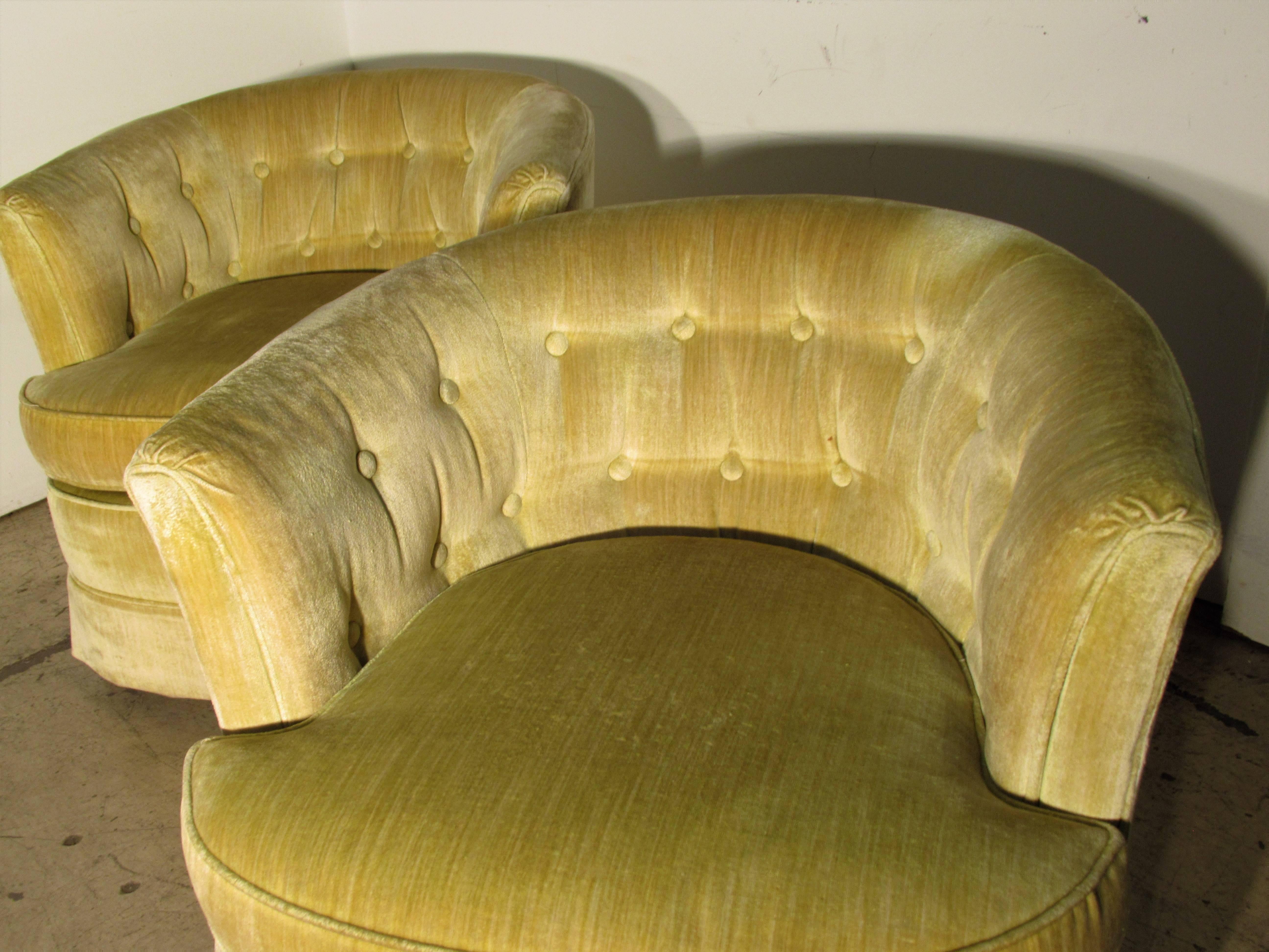 20th Century Milo Baughman Style Button Tufted Swivel Barrel Chairs