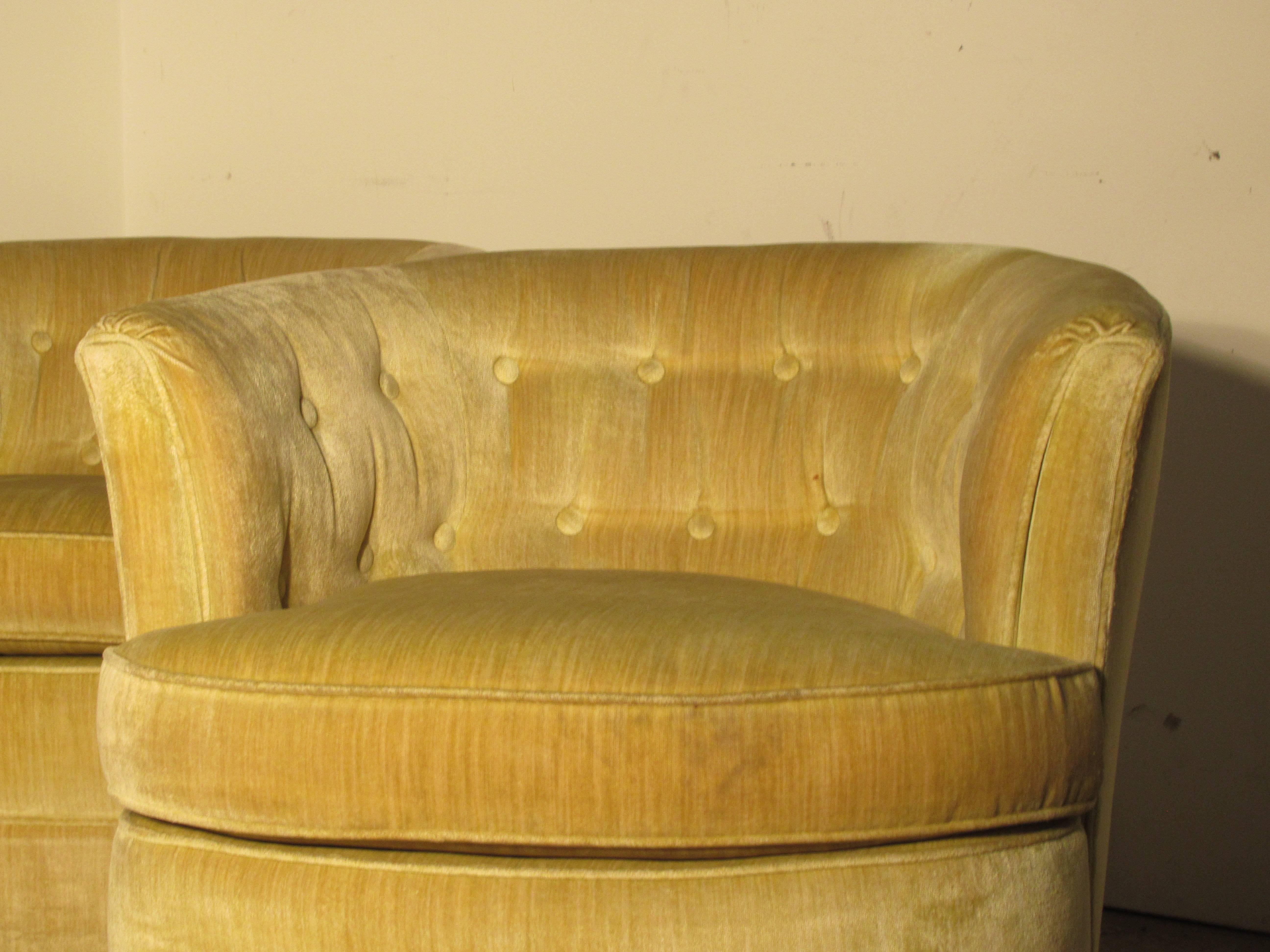 Upholstery Milo Baughman Style Button Tufted Swivel Barrel Chairs