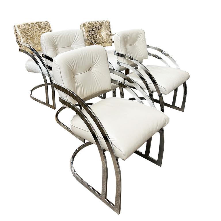 Milo Baughman Style Cantilever Dining Chairs in White and Chrome - Set of 5 For Sale 3