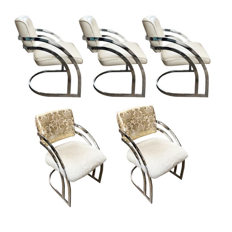 Metal Milo Baughman Style Cantilever Dining Chairs in White and Chrome - Set of 5 For Sale